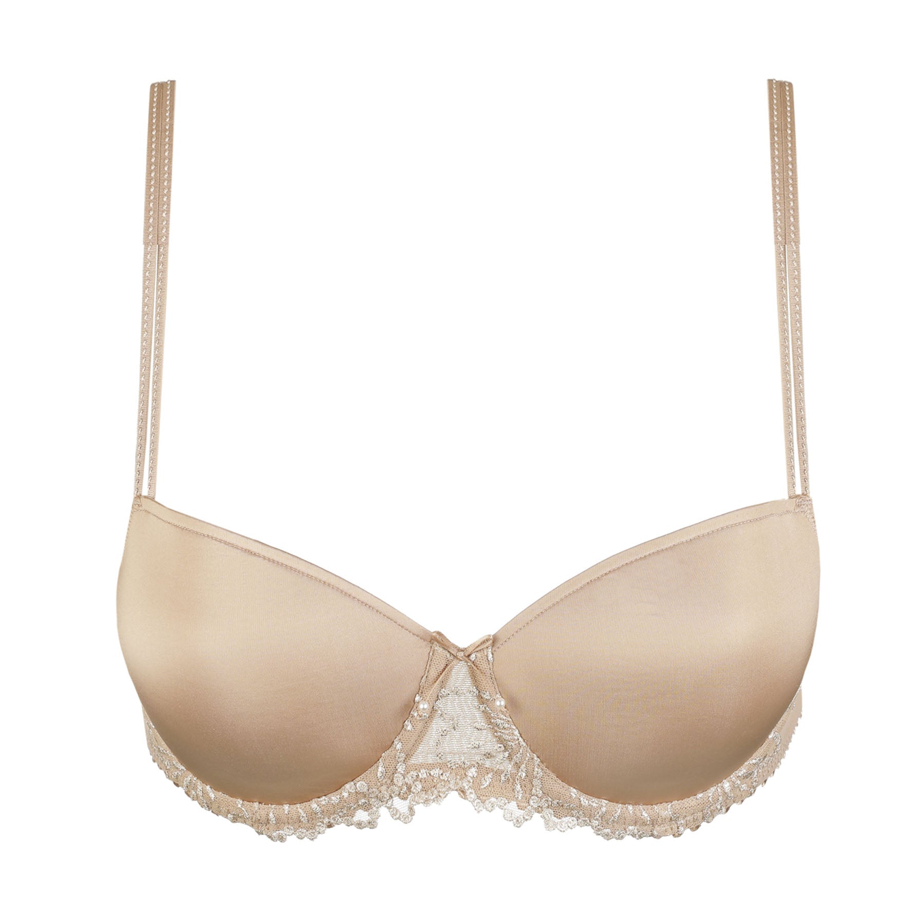 Marie Jo Jane padded balcony bra in Sand with smooth moulded cups, floral embroidery accents, underwire support, and a seamless T-shirt bra finish.