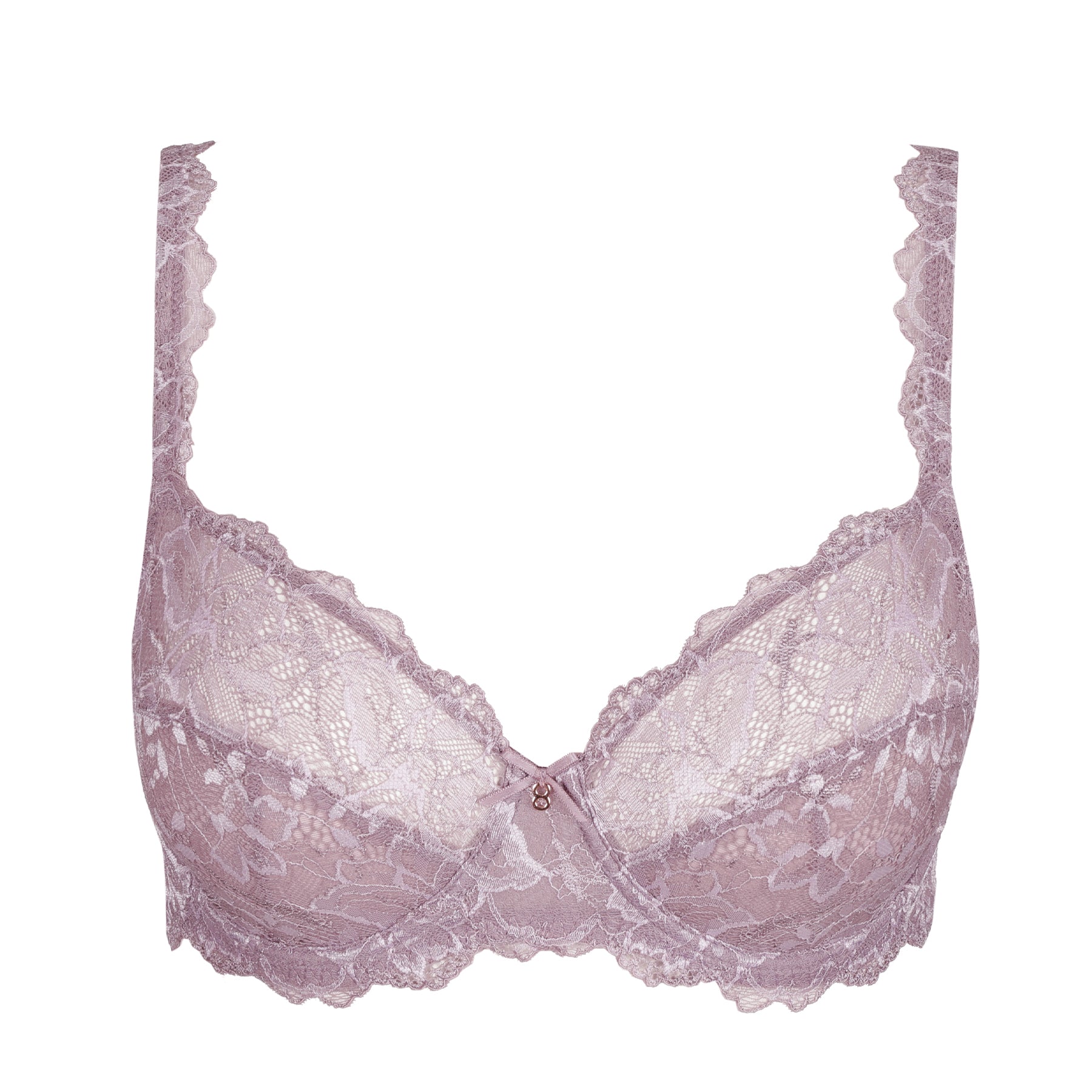 Close-up front view of pastel orchid lace full-cup bra with scalloped edges