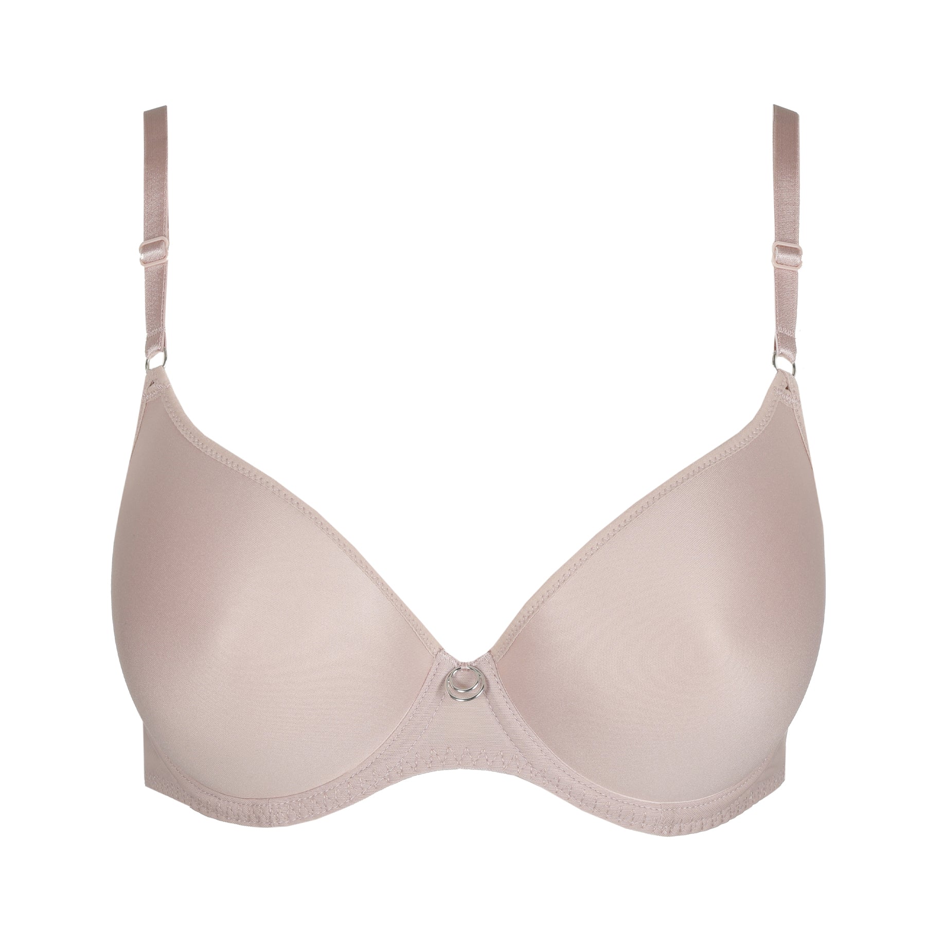 Close-up front view of padded seamless bra in bois de rose with smooth cups