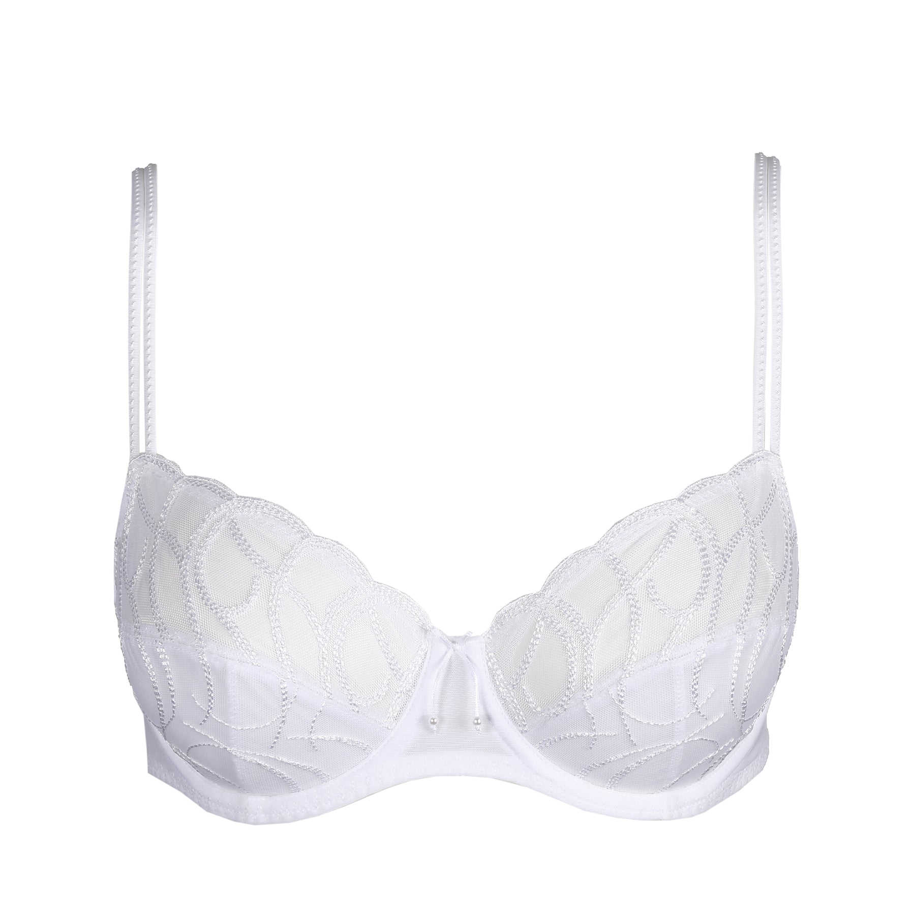 White underwire balconette bra with sheer mesh cups and delicate embroidered swirl pattern, front view on white background.