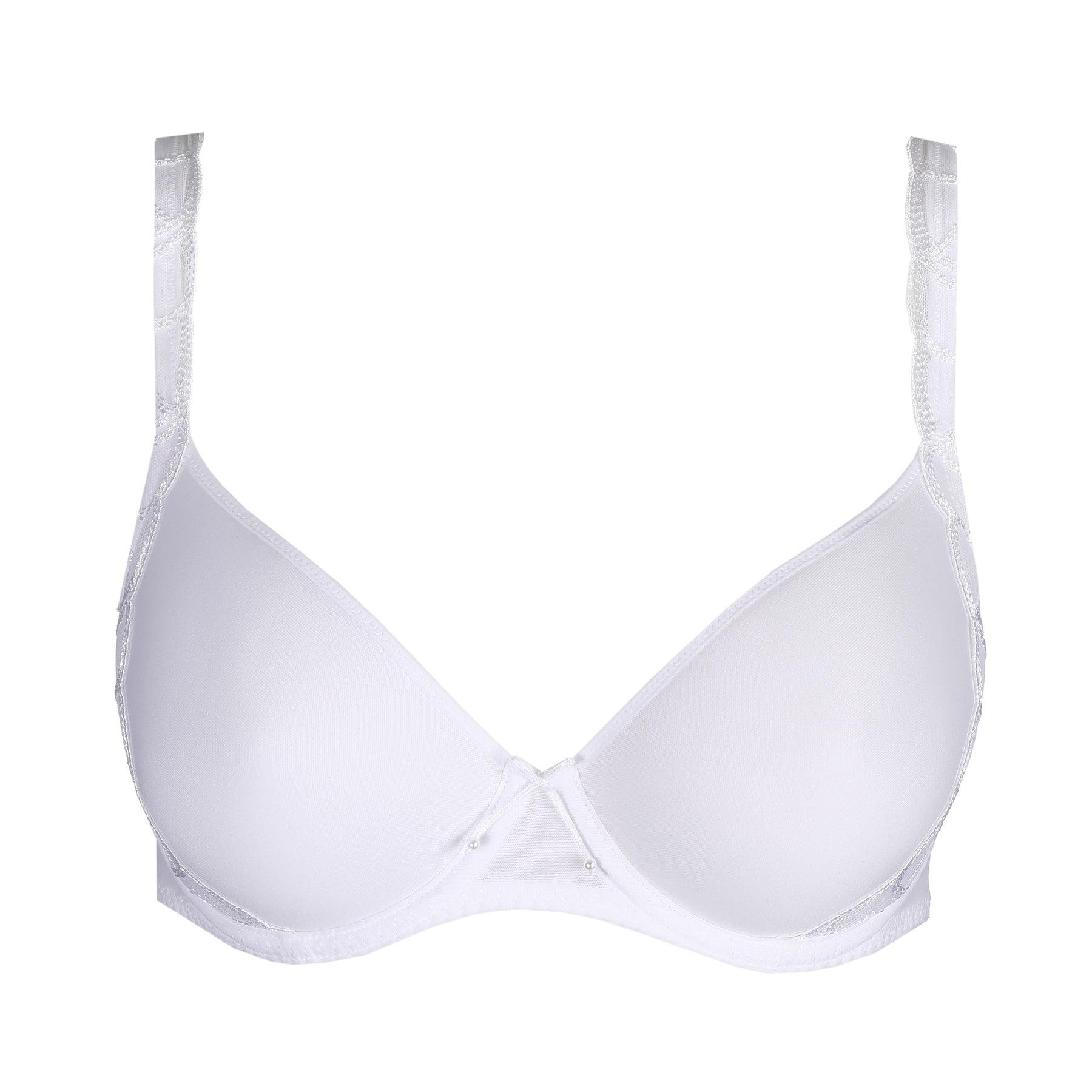 White full coverage bra with smooth moulded cups and subtle lace detailing on straps, front view on white background.