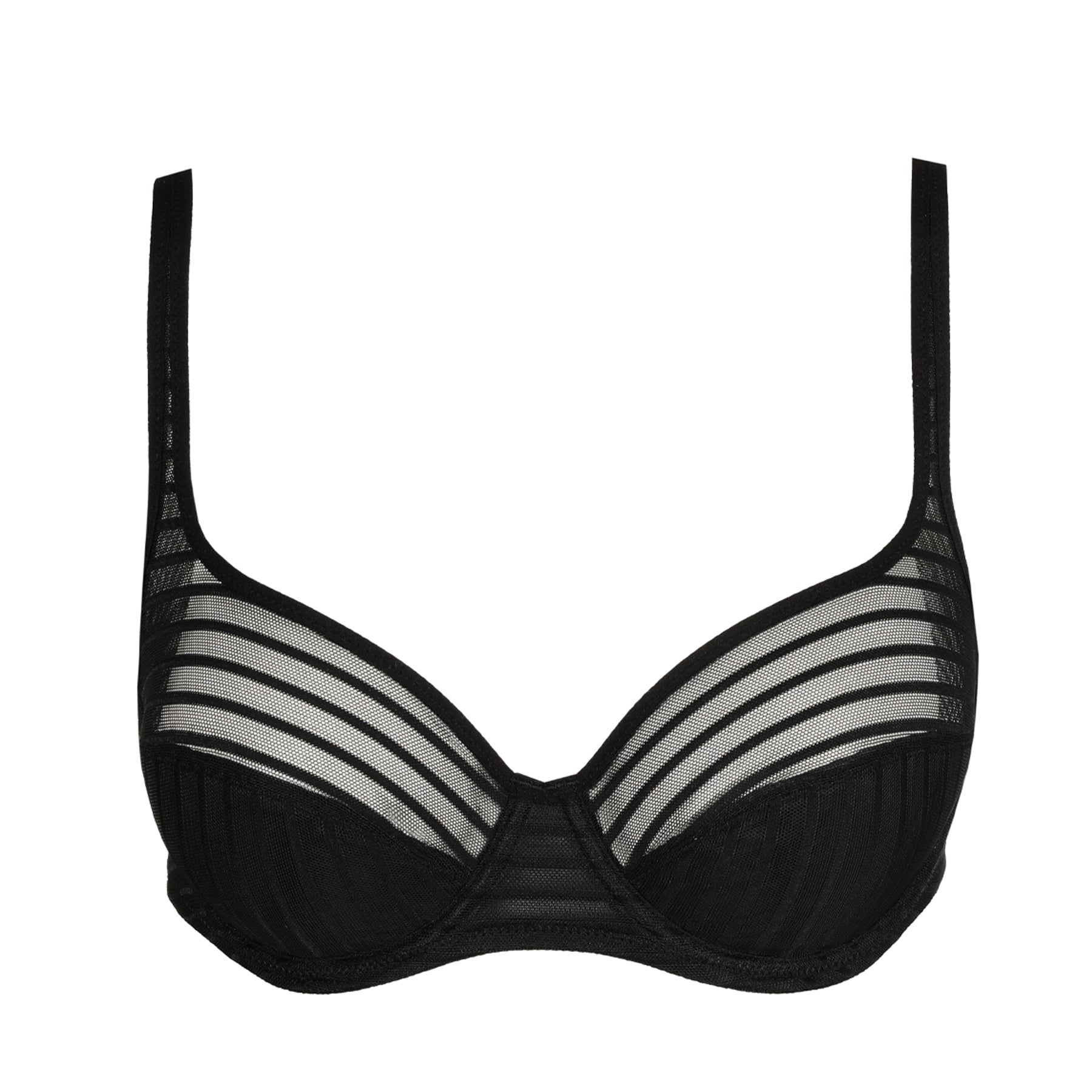 Image of a black full cup bra with semi-sheer striped detailing, offering full support and stylish coverage.