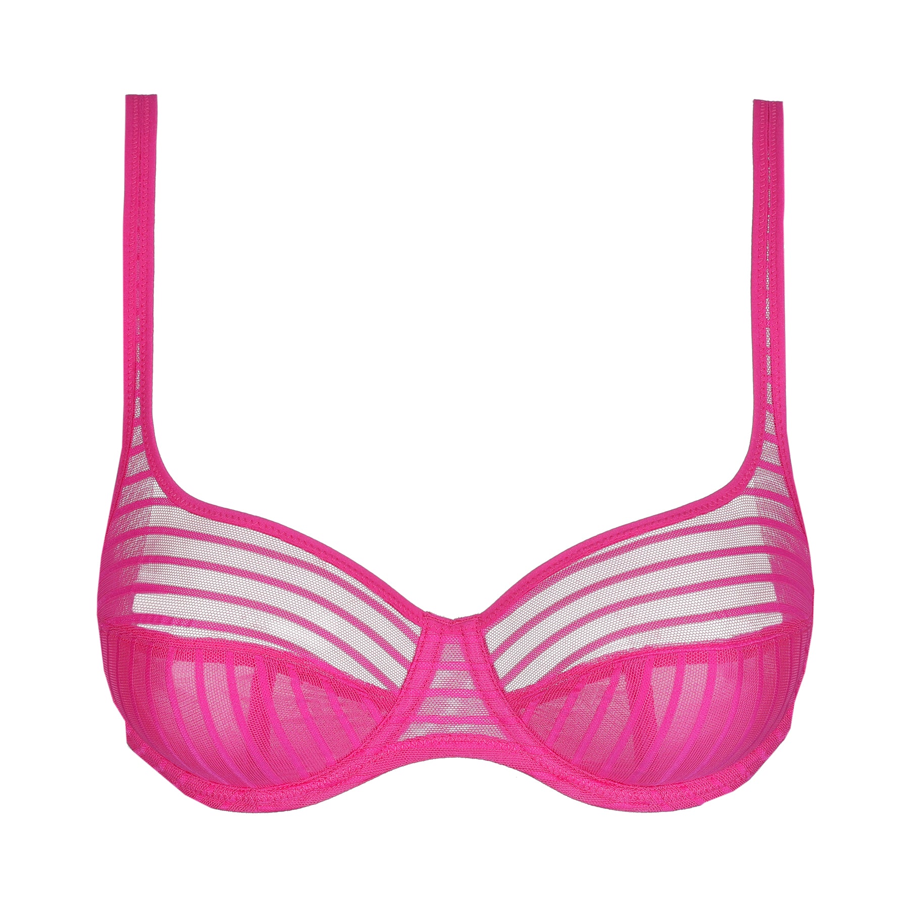 Marie Jo Tom balcony bra in Very Berry with sheer striped mesh cups, underwire support, and a modern semi-transparent design.