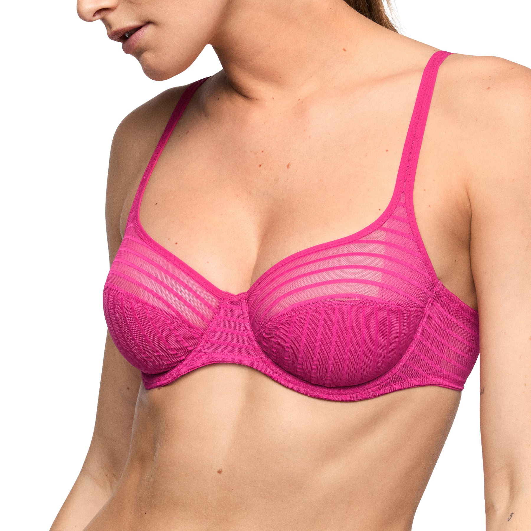 Angled view of the Marie Jo Tom balcony bra in Very Berry featuring lightweight striped mesh, semi-sheer cups, and a smooth underwire fit.