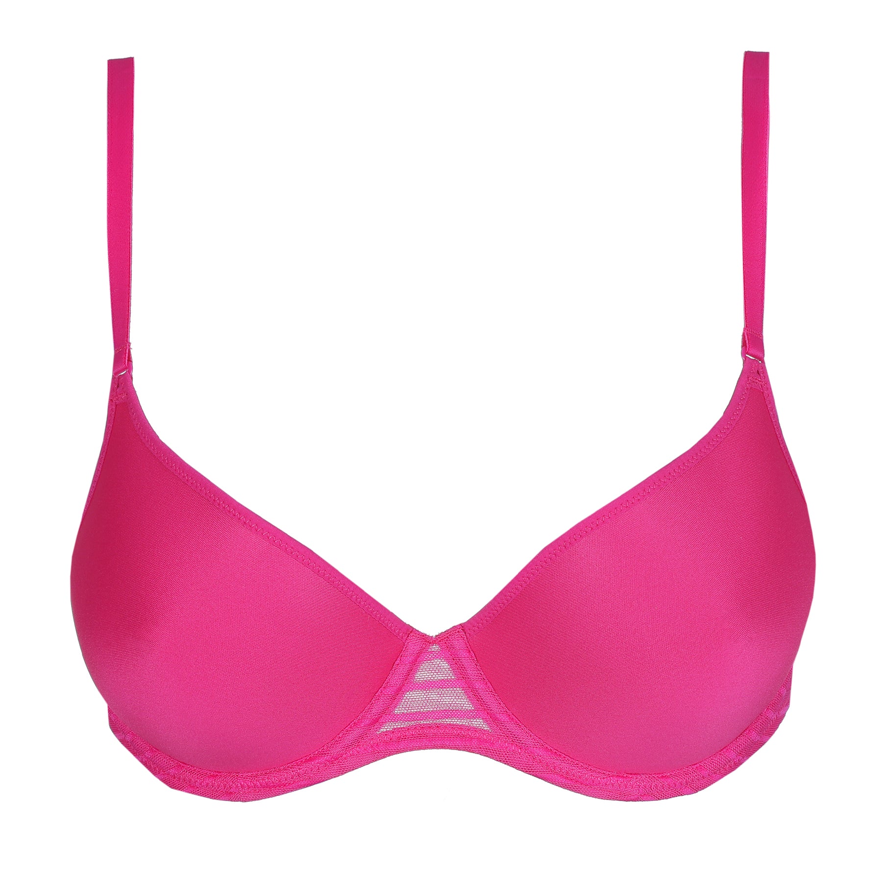 Very berry pink molded underwire T-shirt bra with seamless cups, adjustable straps, and a sheer striped mesh center gore for a modern look.