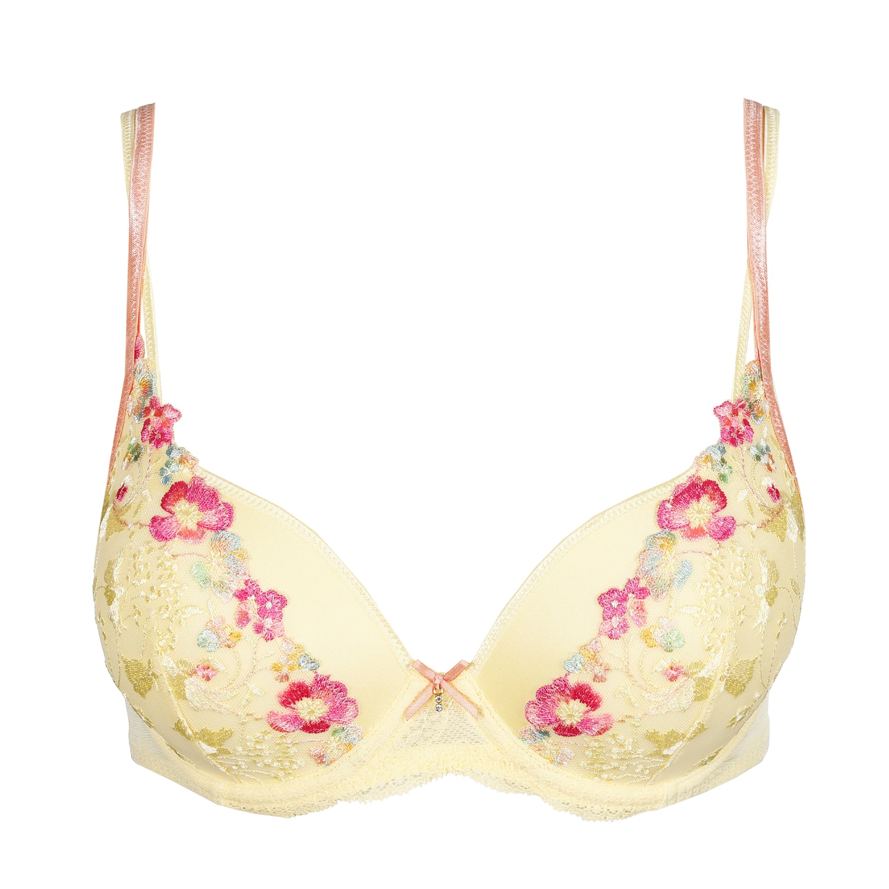 Yellow padded bra with pink floral embroidery, lace trim and centre bow detail on white background.
