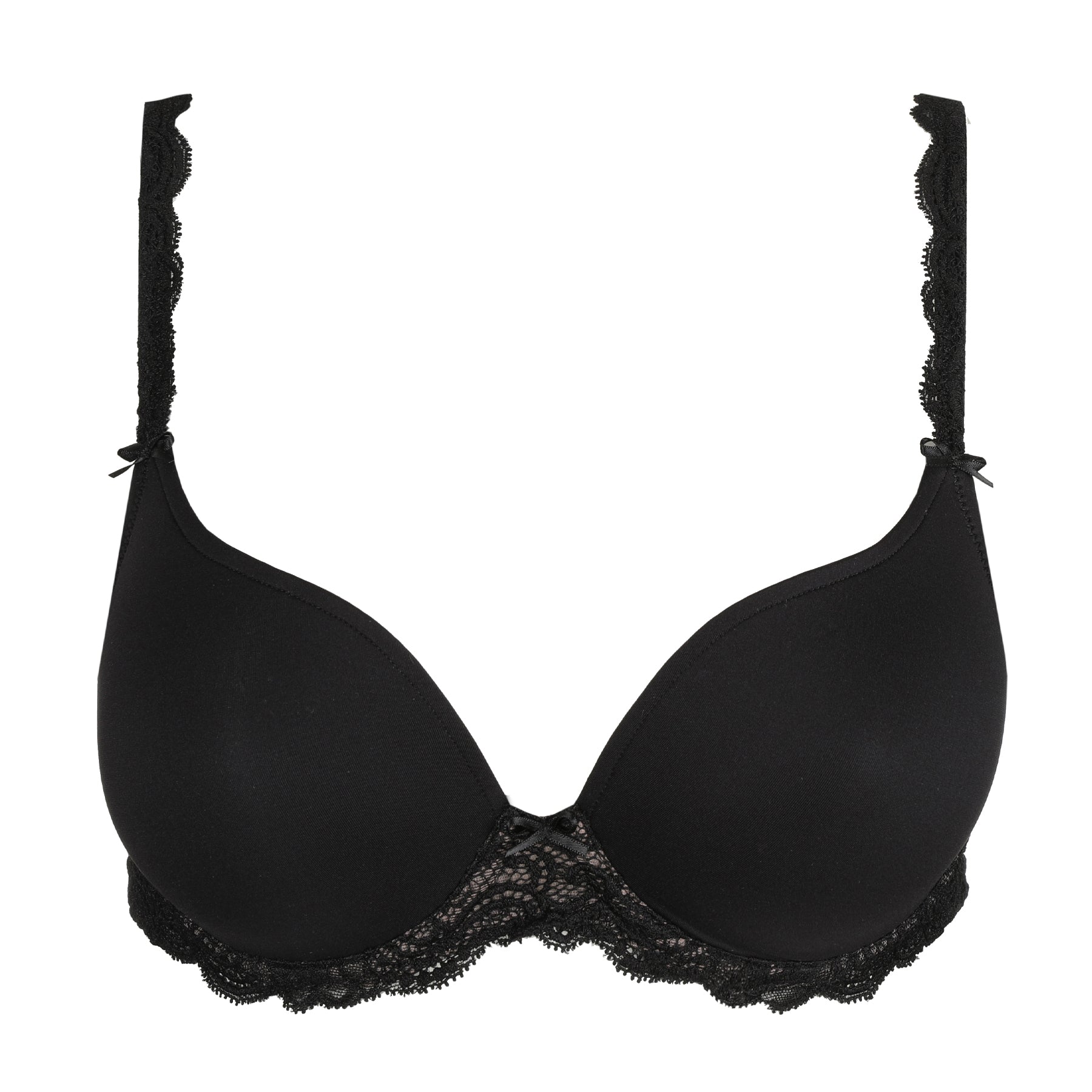Studio shot of a black heart-shaped padded bra with lace under band and decorative lace straps.