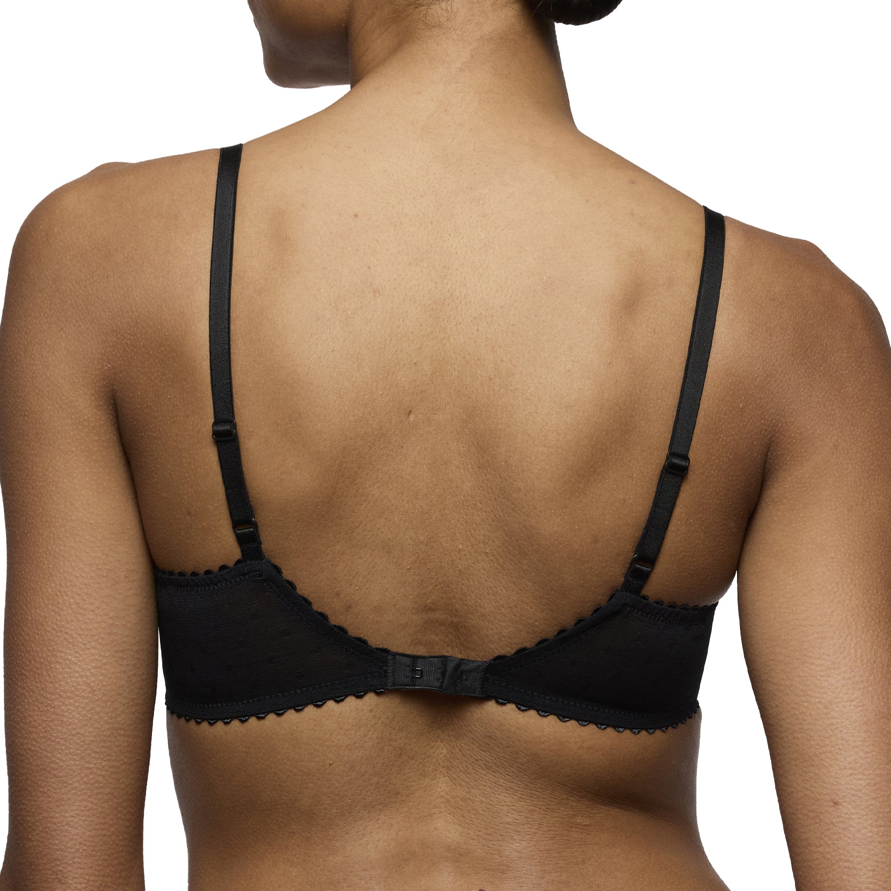 Back view of the Marie Jo Noova underwired bra in black, showing smooth band and adjustable straps on model.