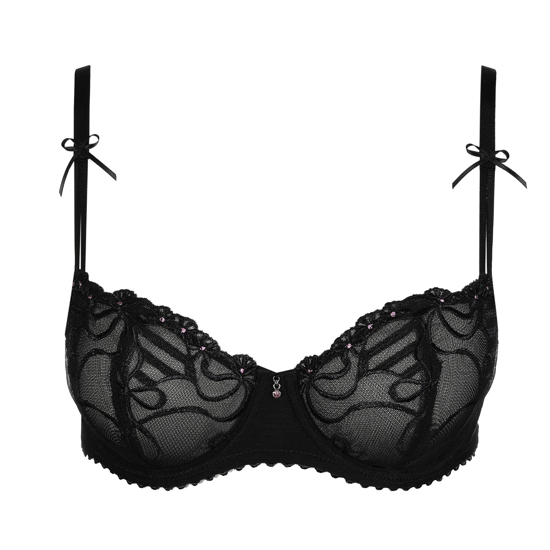 Marie Jo Noova black underwired bra with sheer embroidered mesh cups on white background.