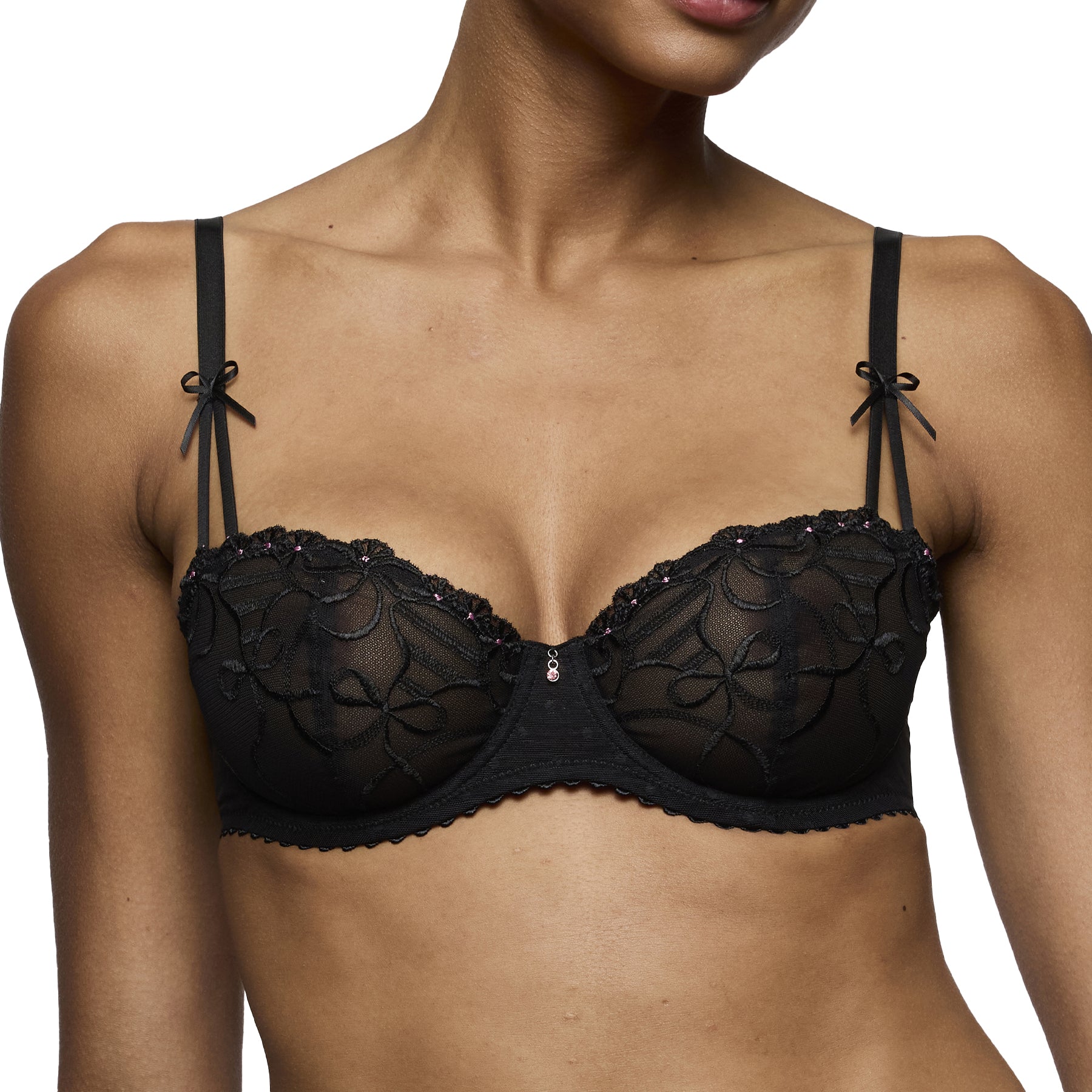 Front view of model wearing Marie Jo Noova black balconette underwired bra.