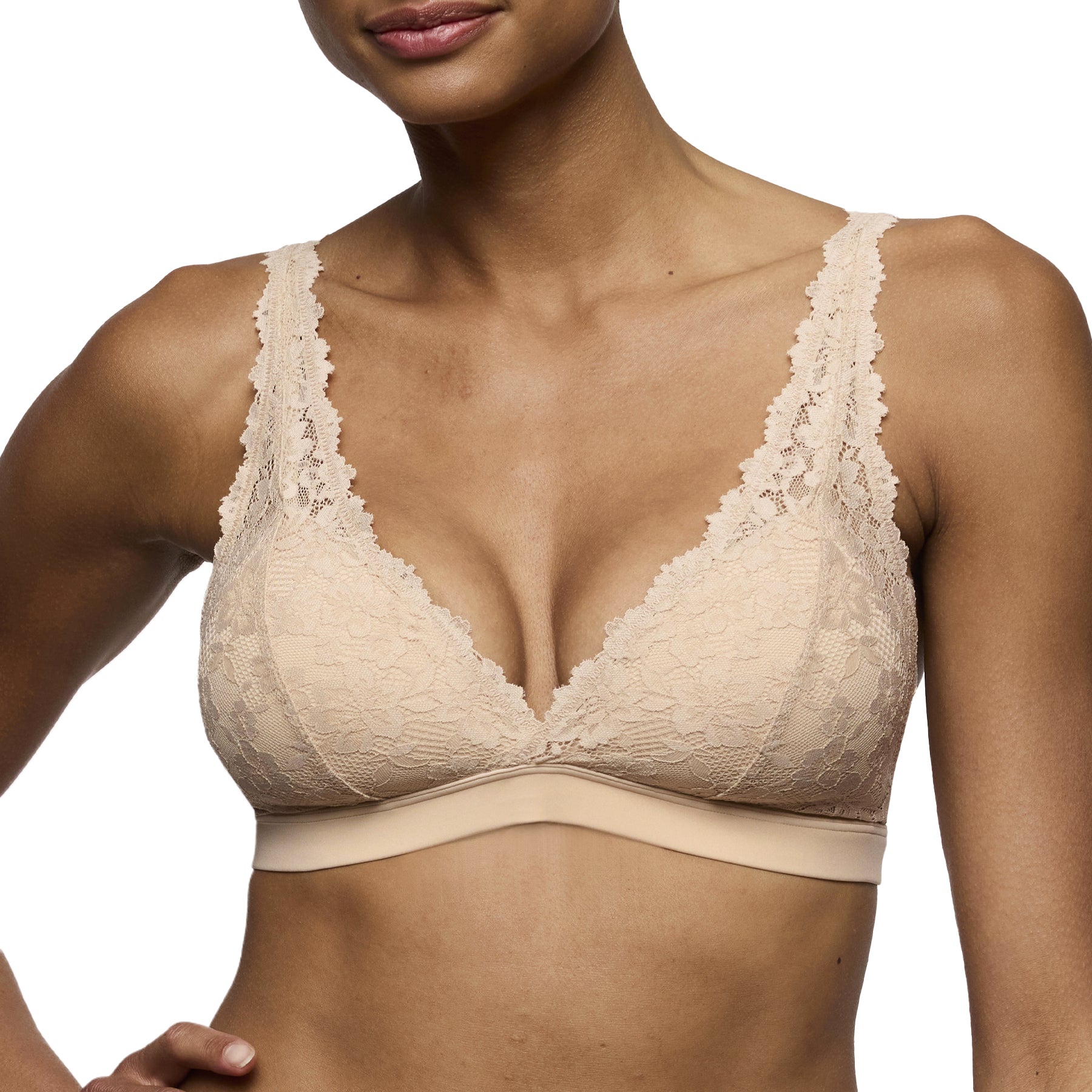 Close up of nude floral lace bralette with scalloped lace edges and soft elastic underband