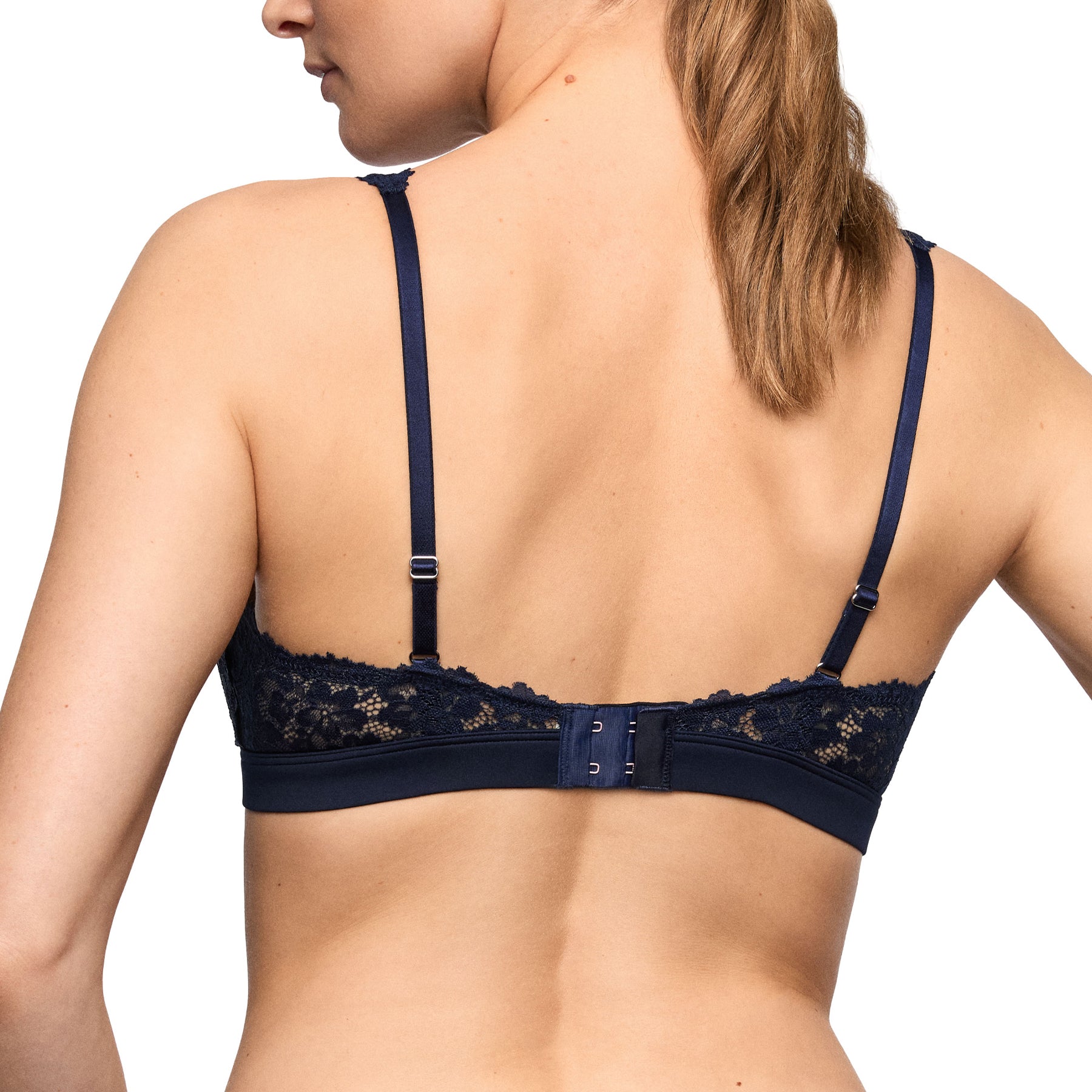 Back view of the Marie Jo Padded Bralette in Velvet Blue featuring adjustable straps, floral lace detailing, and a secure hook-and-eye closure.