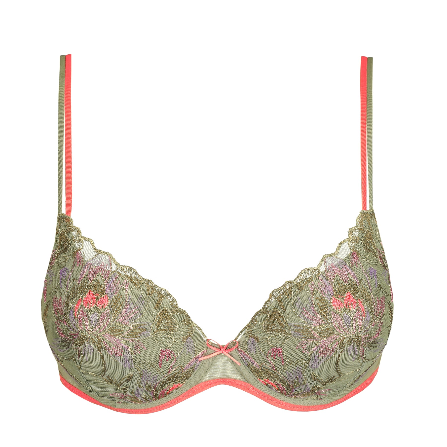 Olive green floral lace underwire bra with coral trim, embroidered pink and purple flowers, and delicate bow detail.