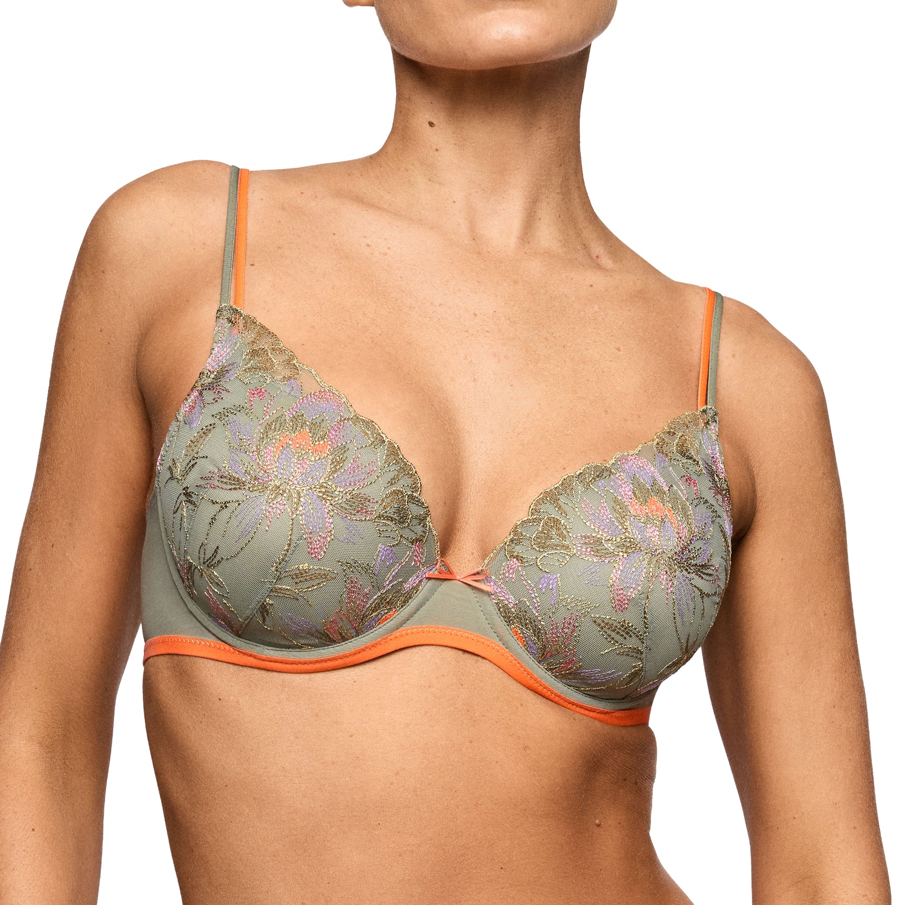 Close-up front view of olive green underwire bra with intricate pink and purple floral embroidery, scalloped lace, and coral accents.