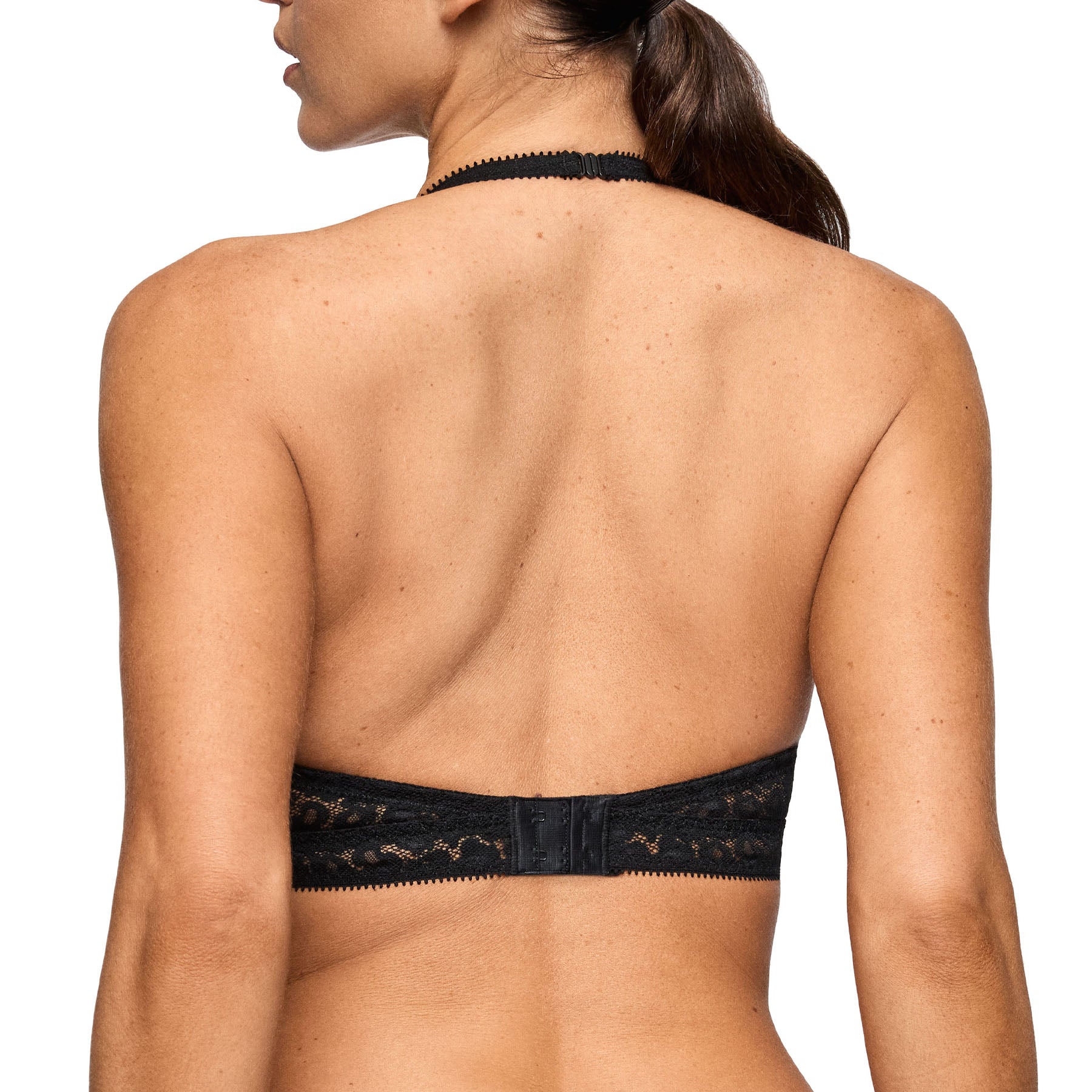 Back view of Marie Jo lace wireless triangle bralette in black featuring adjustable straps, lace band, and hook-and-eye closure.