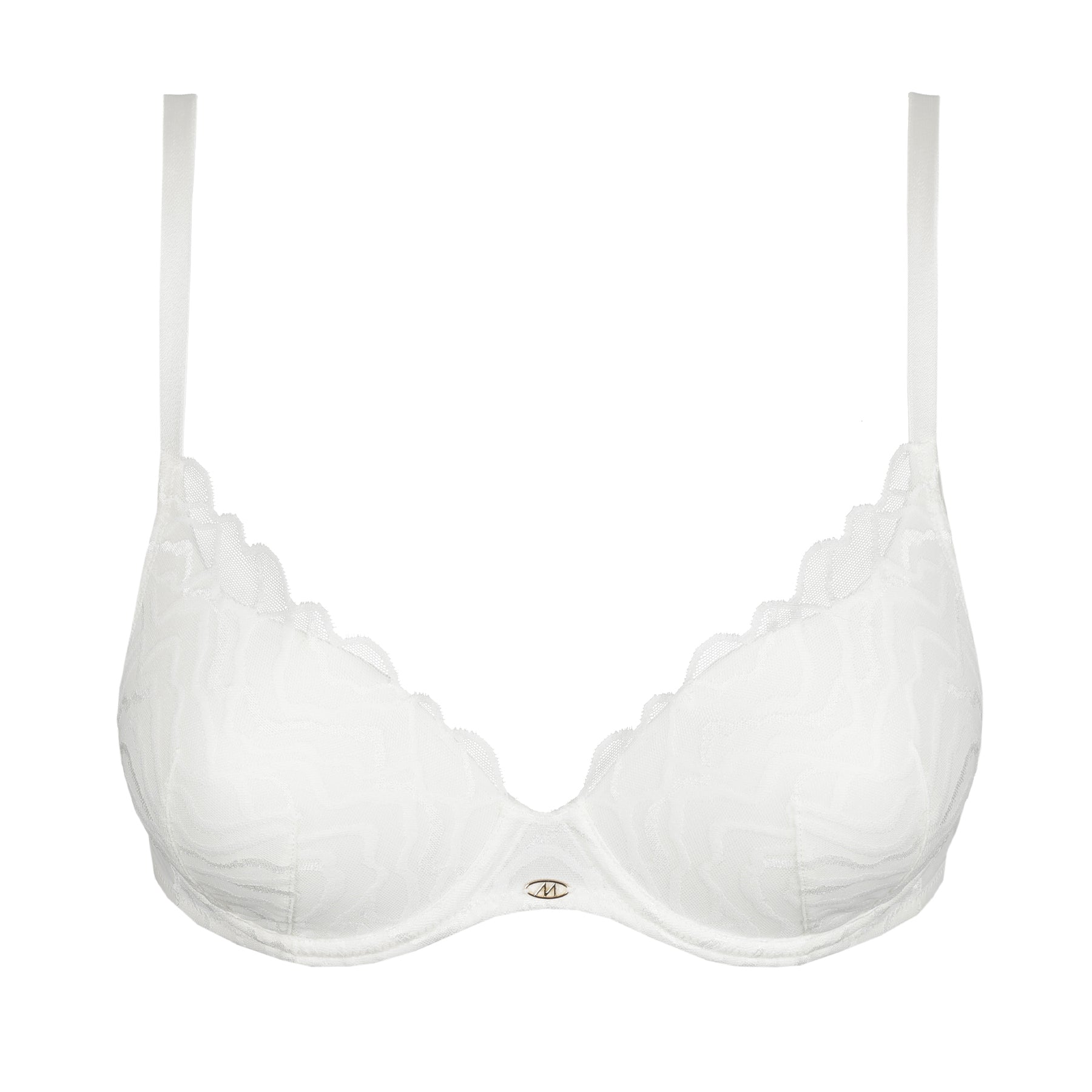 Marie Jo padded heart shape bra in natural white featuring lightly padded heart-shaped cups, textured embroidered overlay, scalloped lace neckline, underwire support, and gold logo detail.