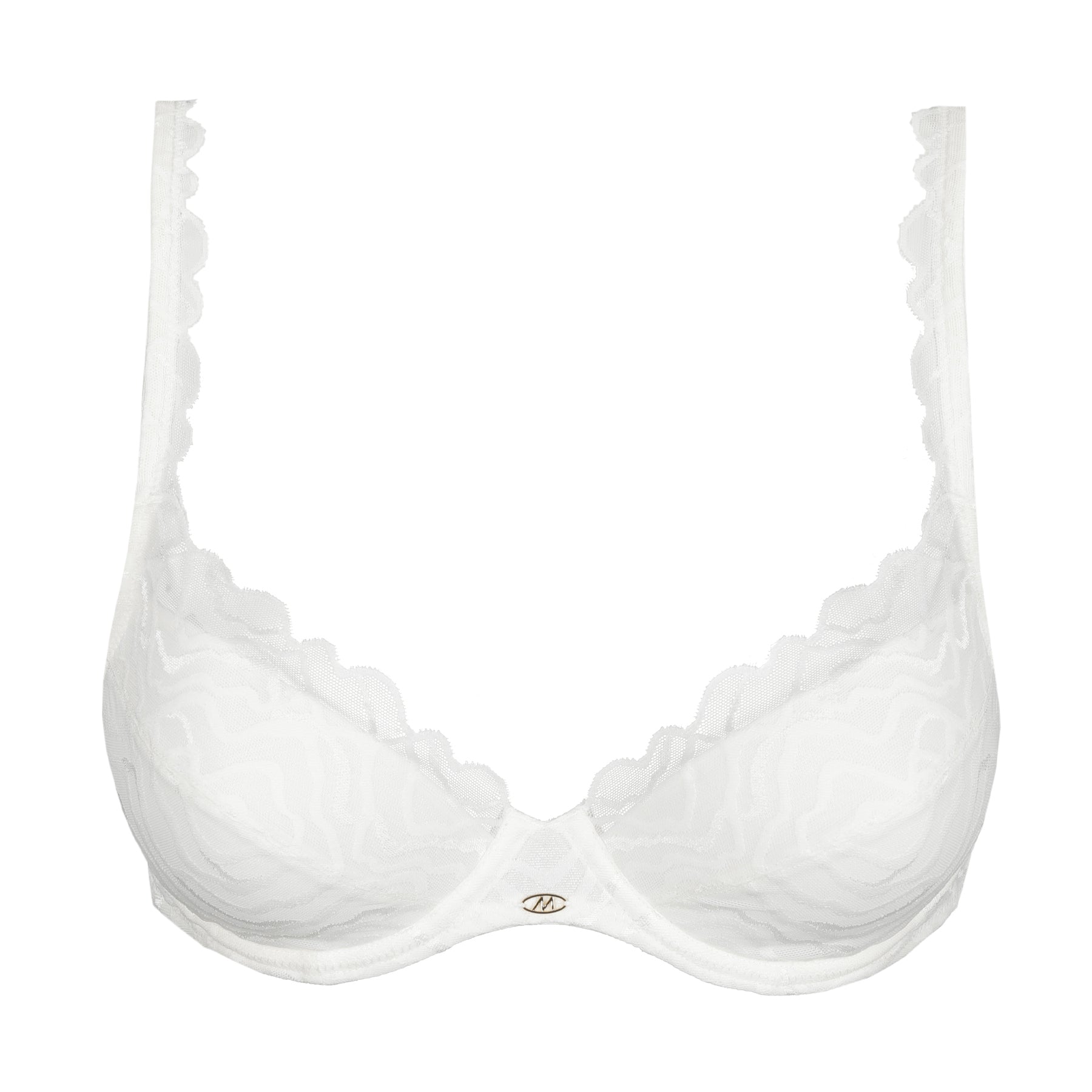 Marie Jo Nillo push-up bra in white with padded plunge cups, delicate textured lace, sheer scalloped neckline, and elegant underwire support.