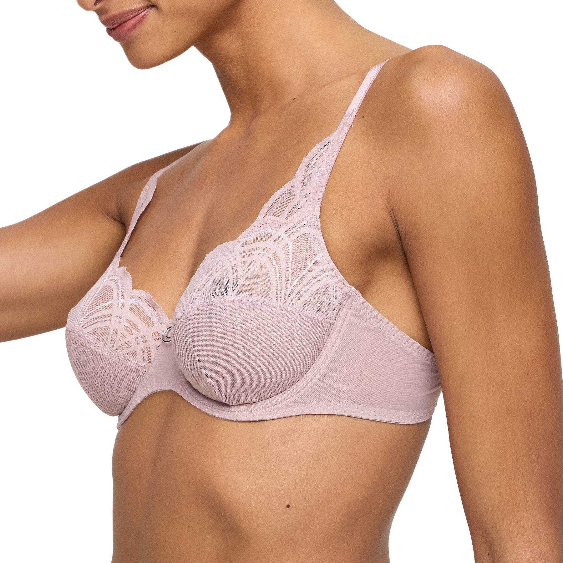 Side view of mauve lace underwire bra with semi-sheer mesh cups and intricate embroidery.
