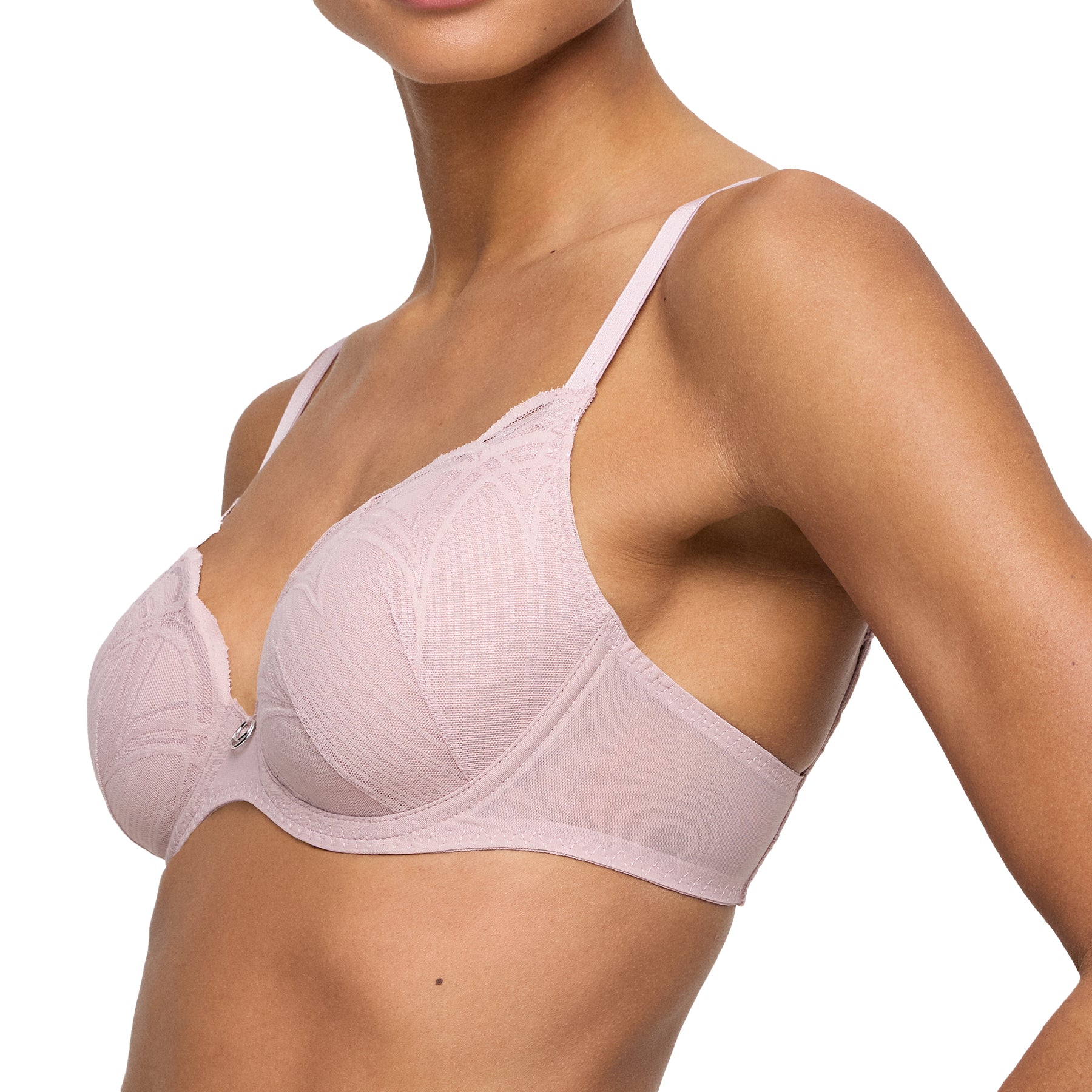 Side angle view of mauve padded bra with sheer mesh wings and embroidered detail on the cups.
