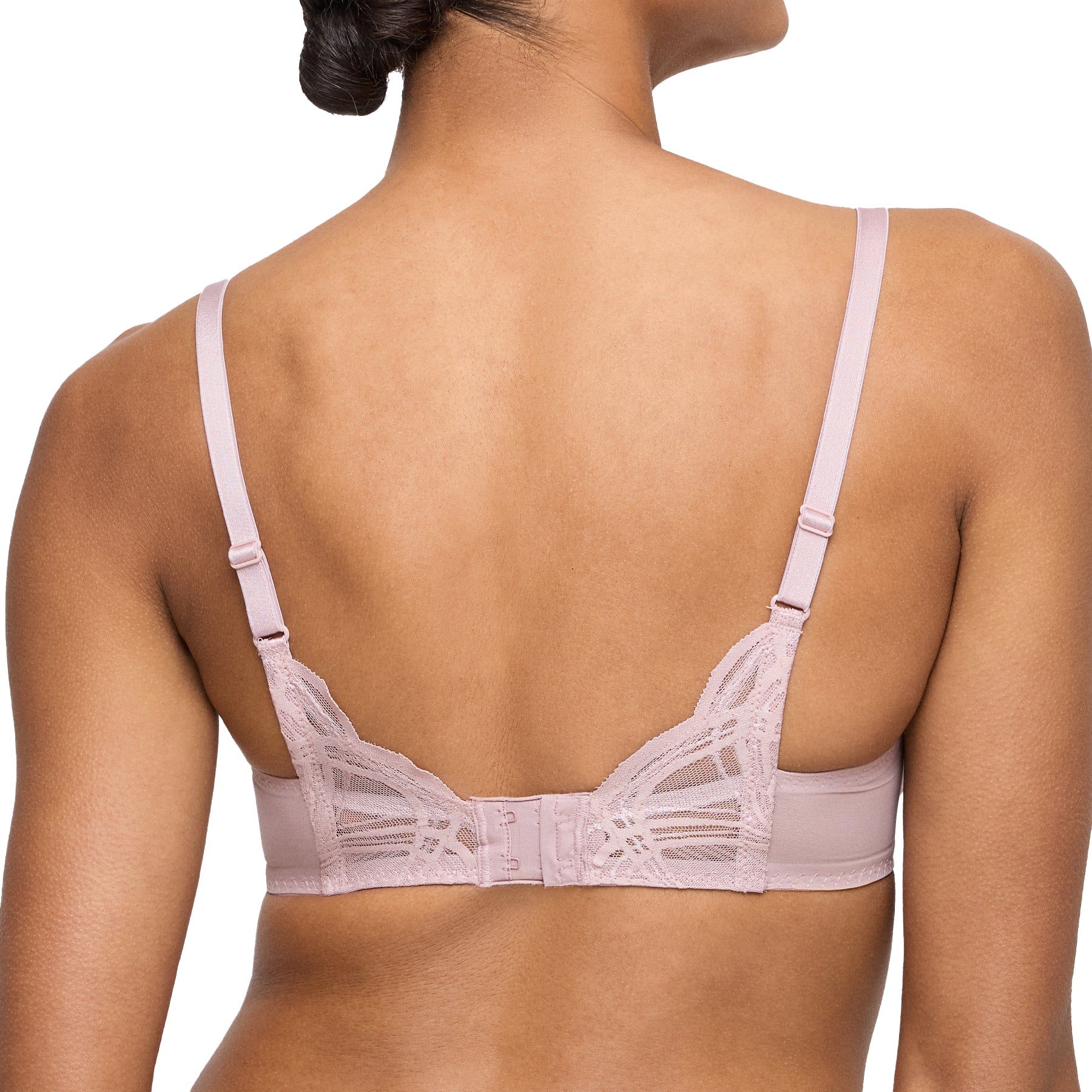 Back view of mauve lace bra showing adjustable straps and embroidered band with triple hook closure.