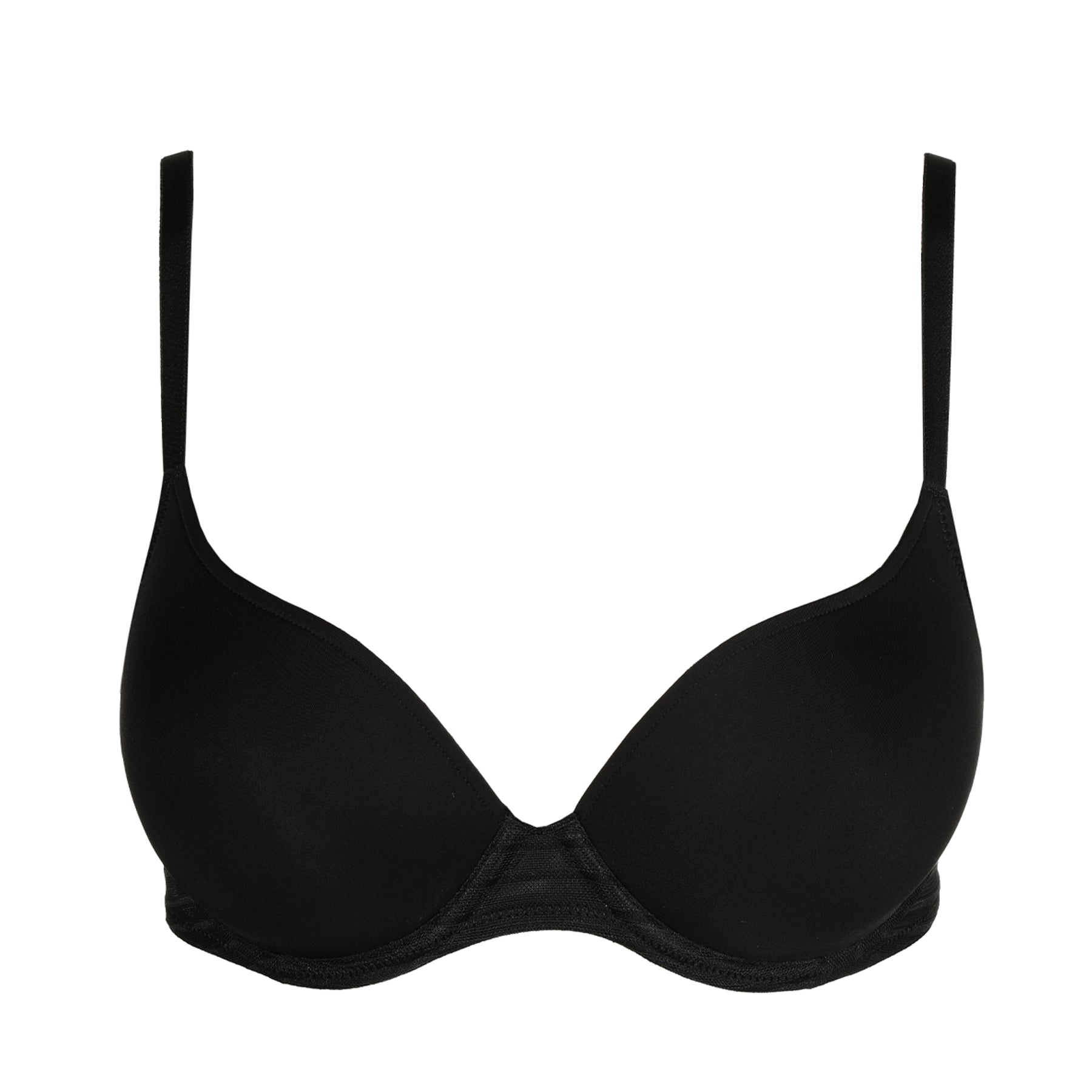 A black heart-shaped padded bra from the Marie Jo Basyl collection, showcasing smooth cups and sheer mesh details for a refined yet sensual look.