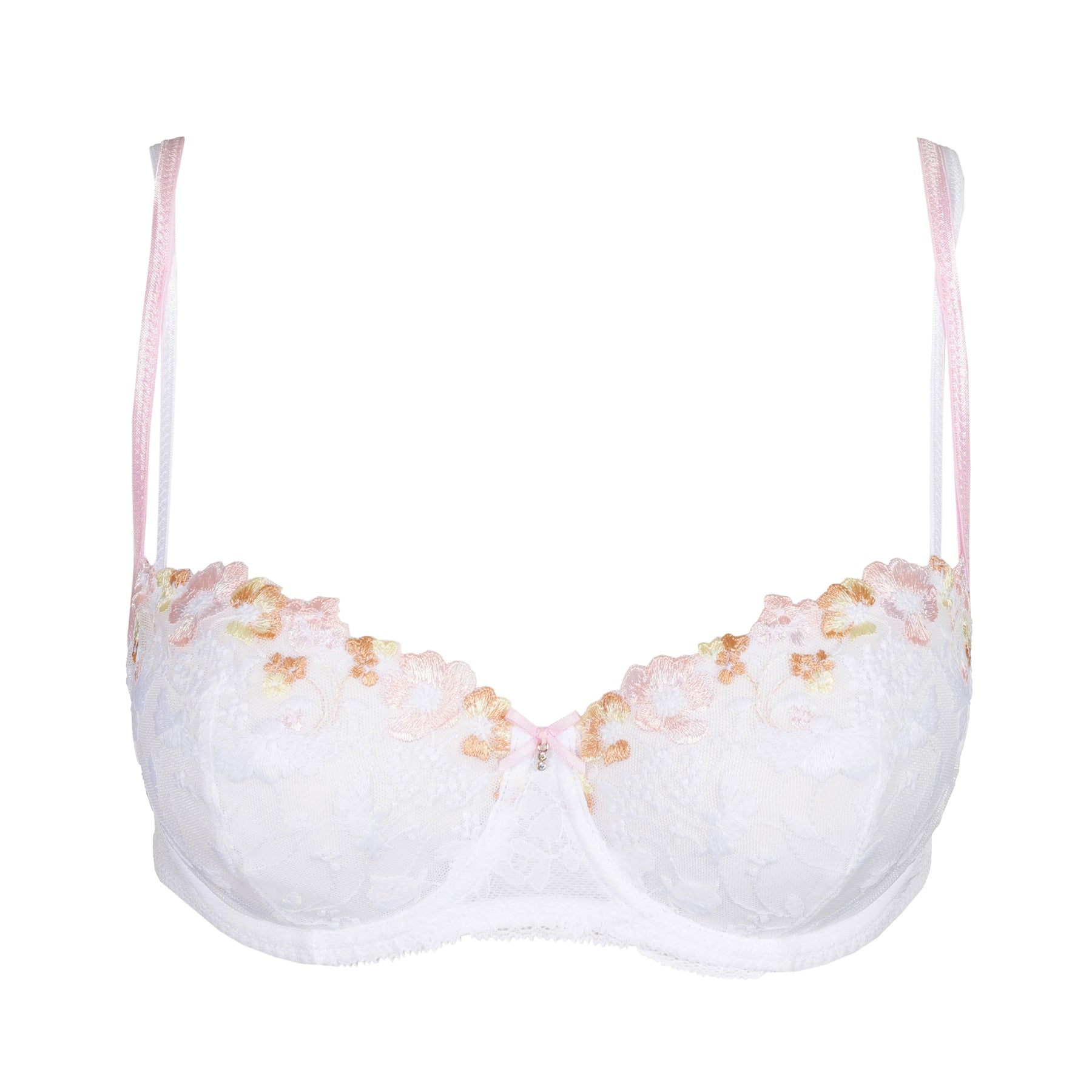 A detailed front view of a white balconette bra adorned with pastel floral embroidery, delicate lace detailing, and thin pink adjustable straps.