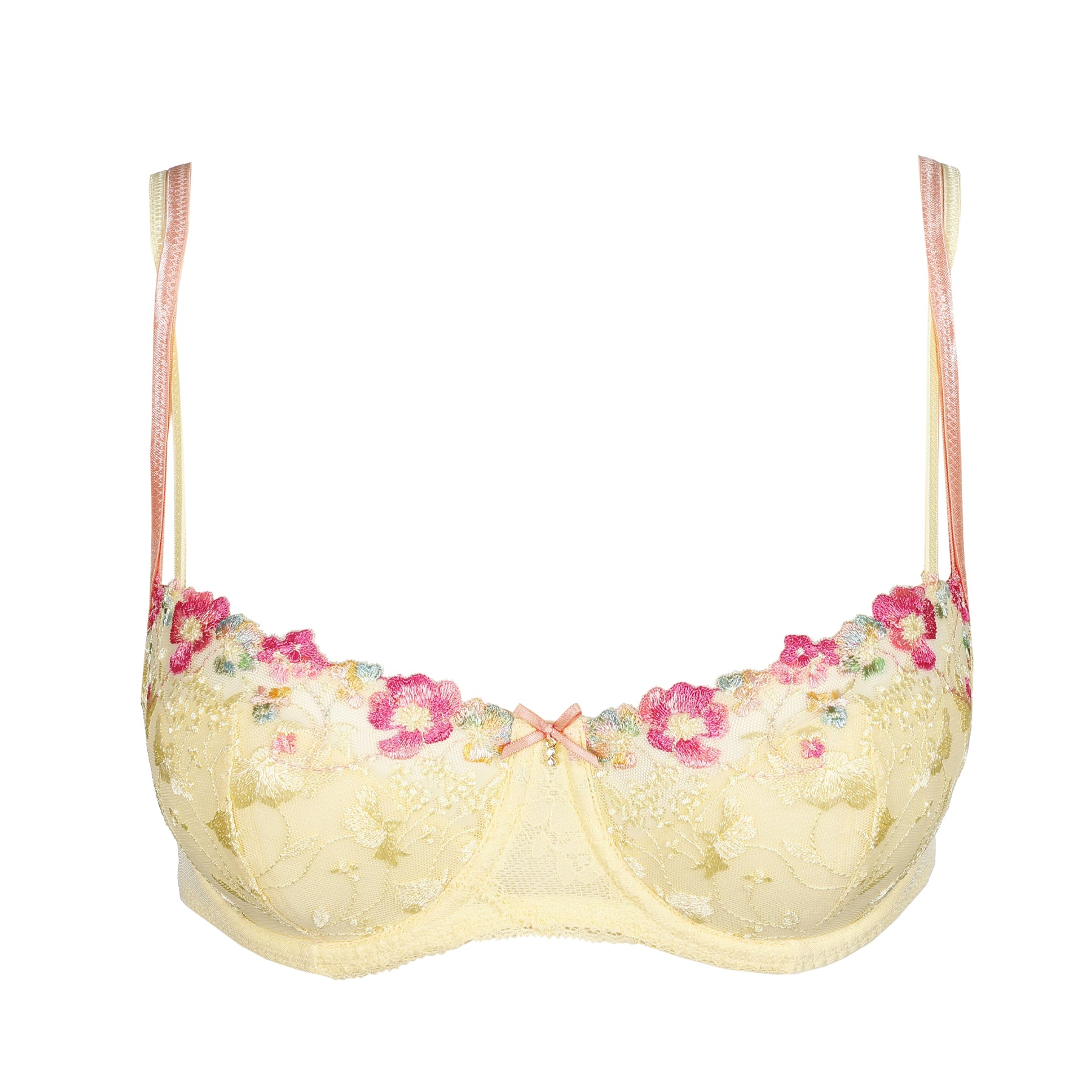 French vanilla underwire balconette bra with sheer floral embroidery and scalloped lace trim on white background.