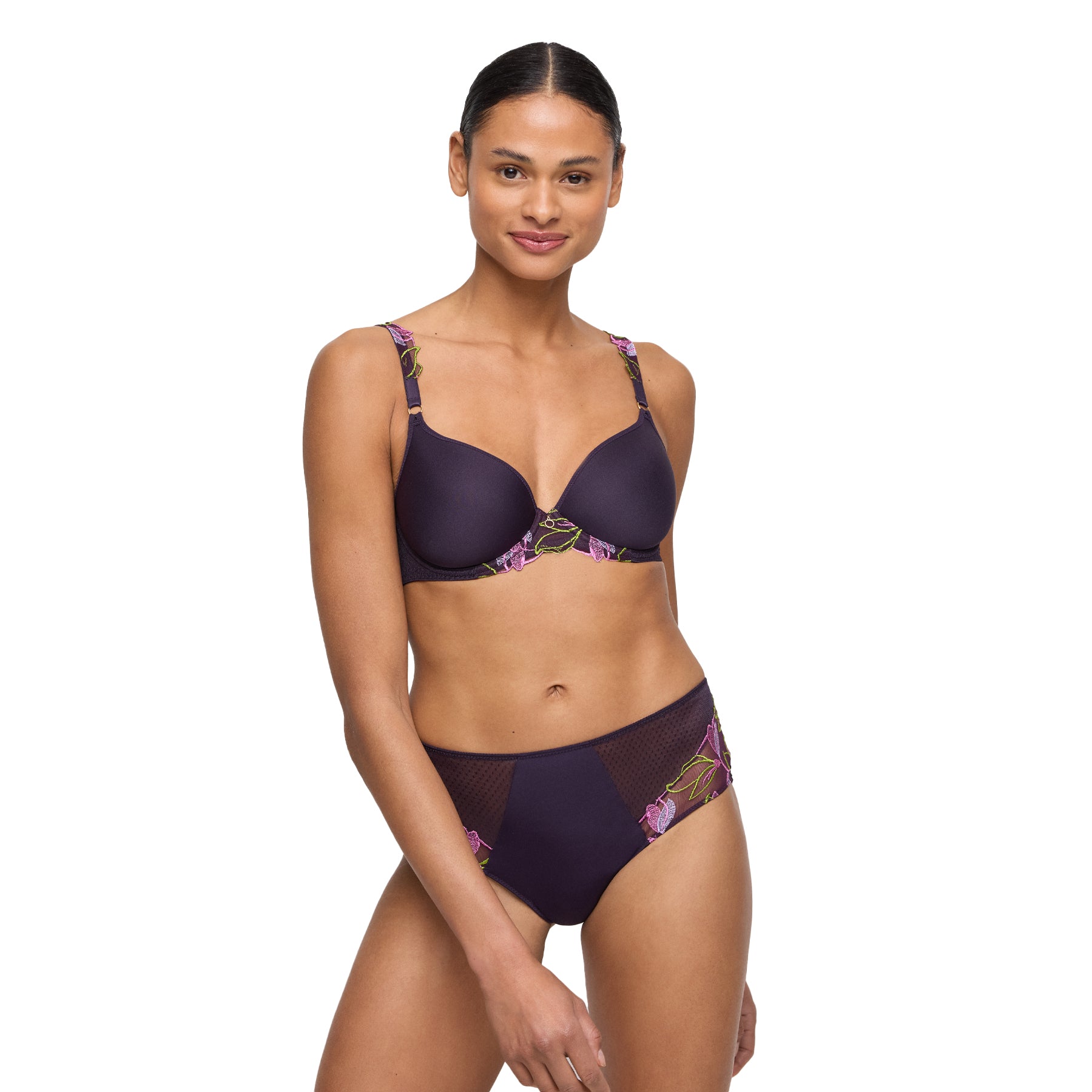 Model wearing plum padded bra and matching high-waisted panty with floral embroidery details