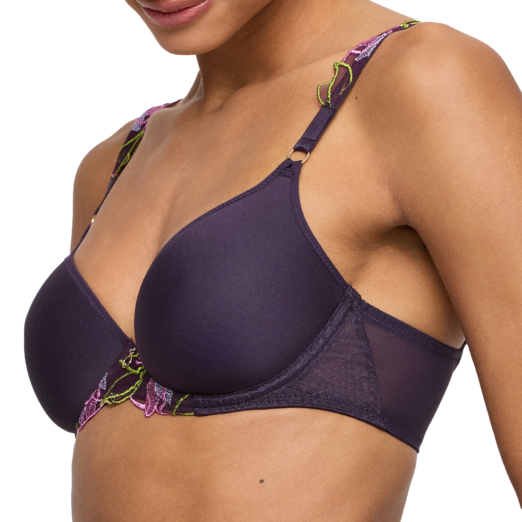 Side view of plum bra with embroidered straps and sheer mesh side panels on model