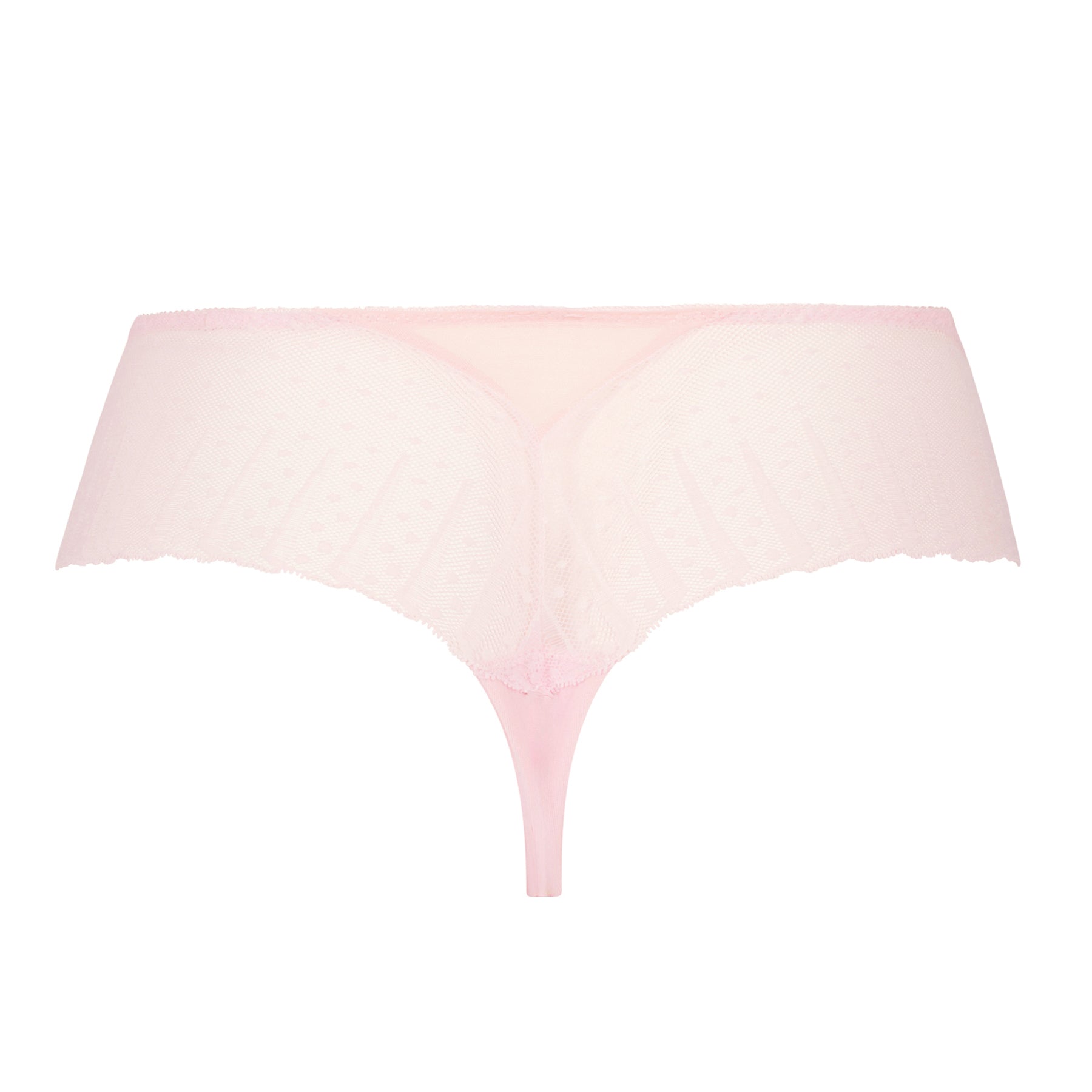 Back view of blush pink shorty briefs with semi-sheer mesh fabric and delicate dotted lace detailing.