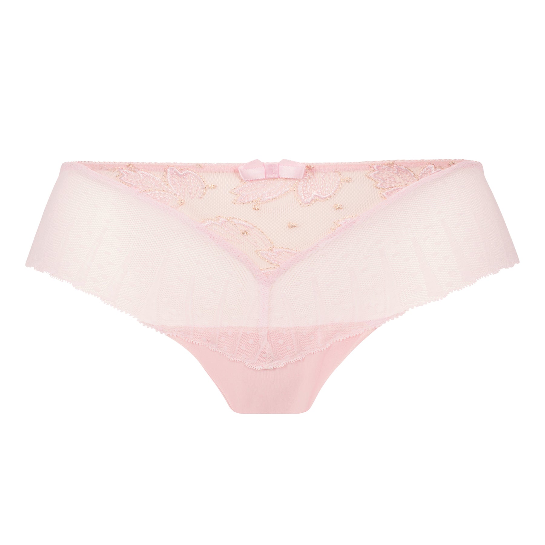 Front view of blush pink shorty underwear featuring floral embroidery, sheer mesh panels, and soft lace trim.