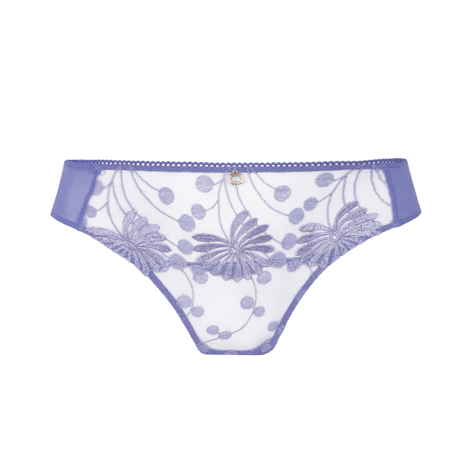 A delicate pair of lavender lace panties featuring floral embroidery and a small decorative charm at the waistband.