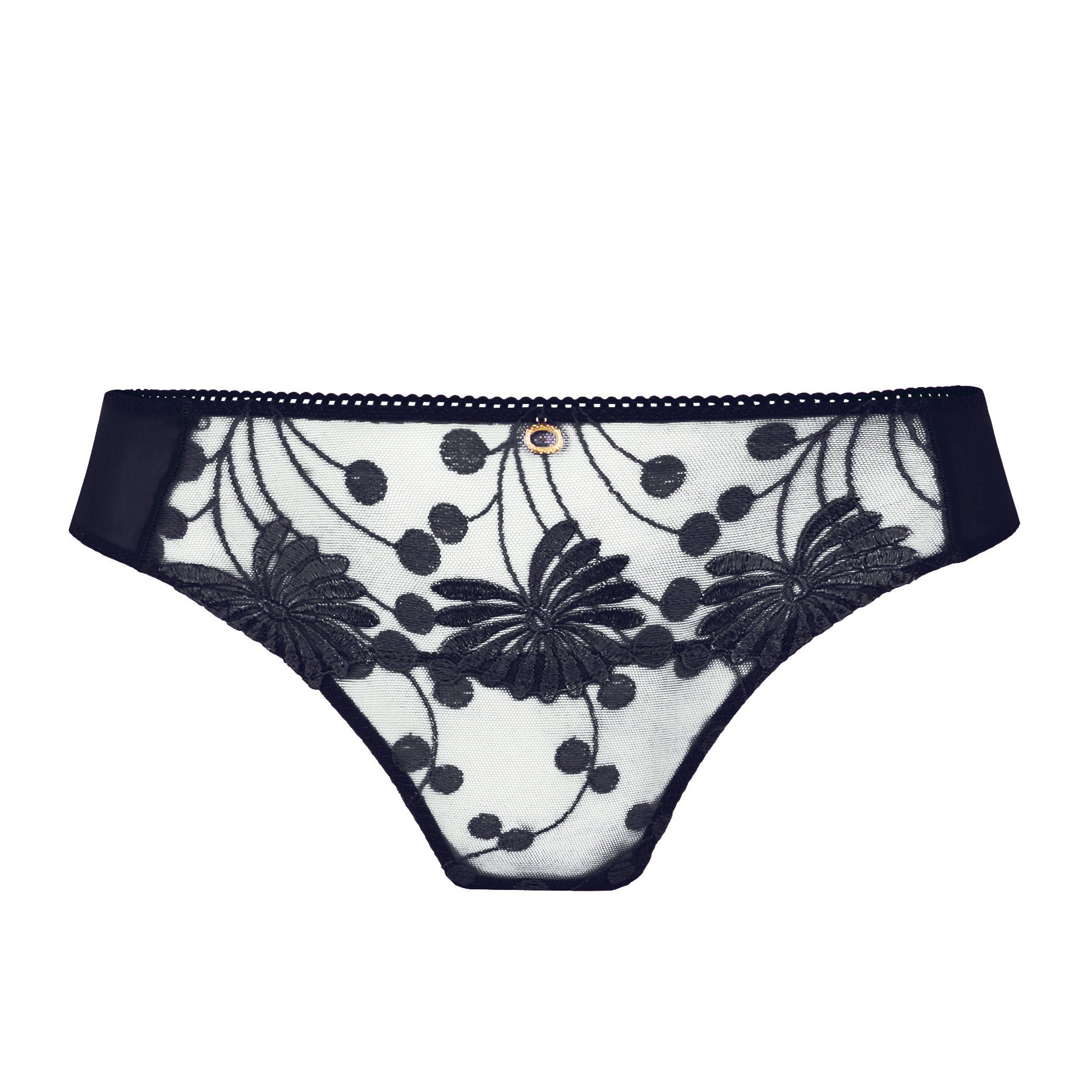 Empreinte Tess thong in Marine with sheer embroidered front panel and luxurious floral embroidery