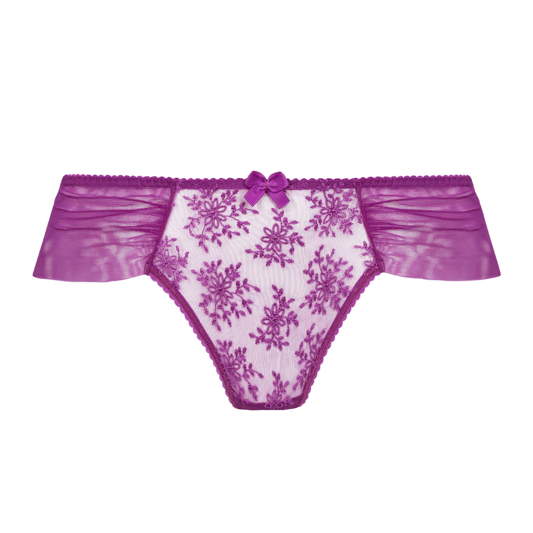 Empreinte Dahlia thong in purple featuring embroidered floral lace front and sheer mesh sides