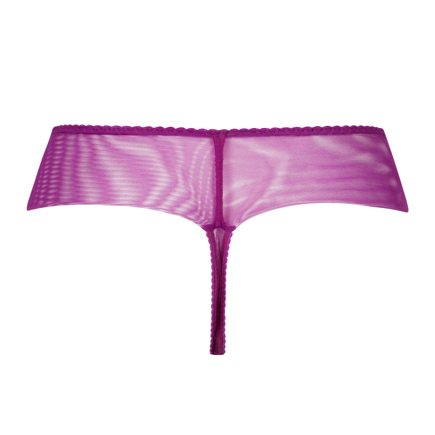 Rear view of Empreinte Dahlia purple thong with lightweight mesh back and fine trim detailing