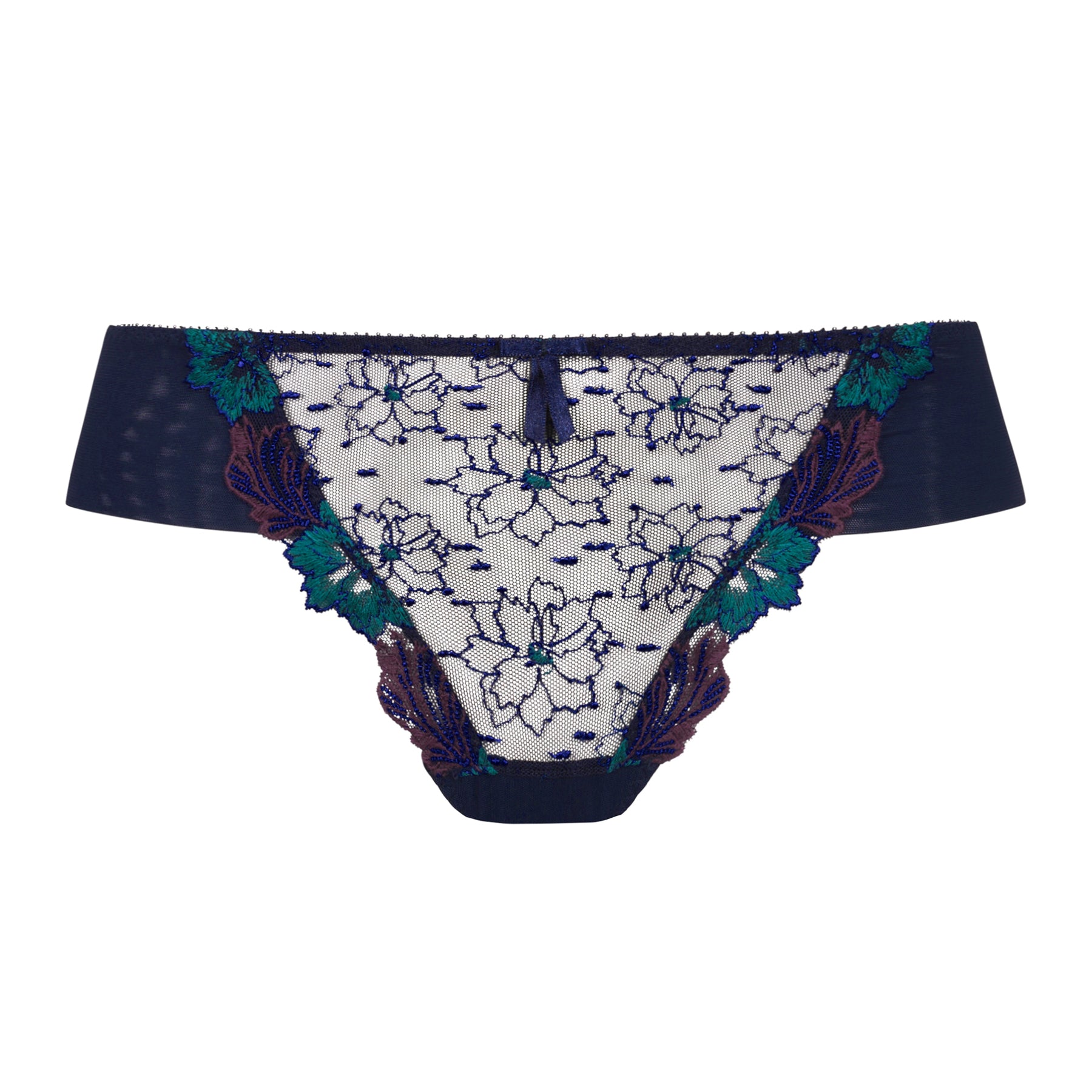 Front product view of the Empreinte Clea Thong in Mystic Blue with sheer floral embroidery in teal and purple.
