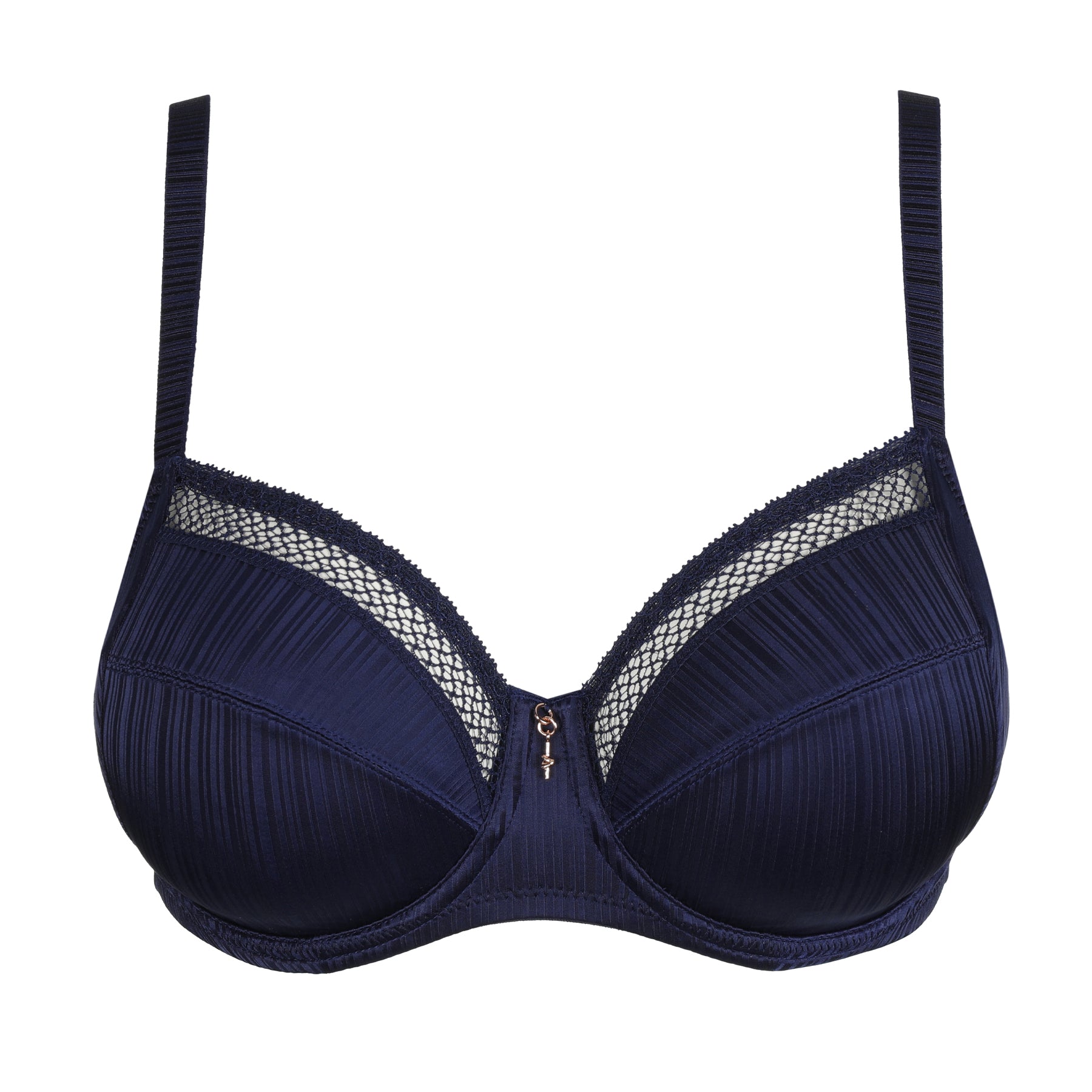 Sapphire blue underwire bra with pleated cups, mesh trim, and delicate lace edge.