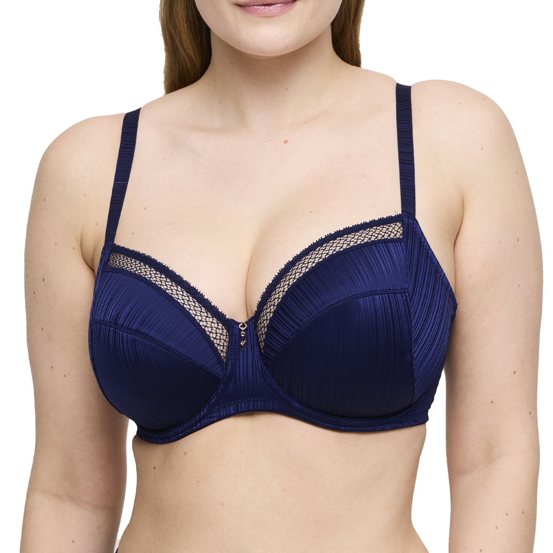 Close-up front view of sapphire blue bra with pleated satin cups, mesh top panel, and gold charm at the center gore.