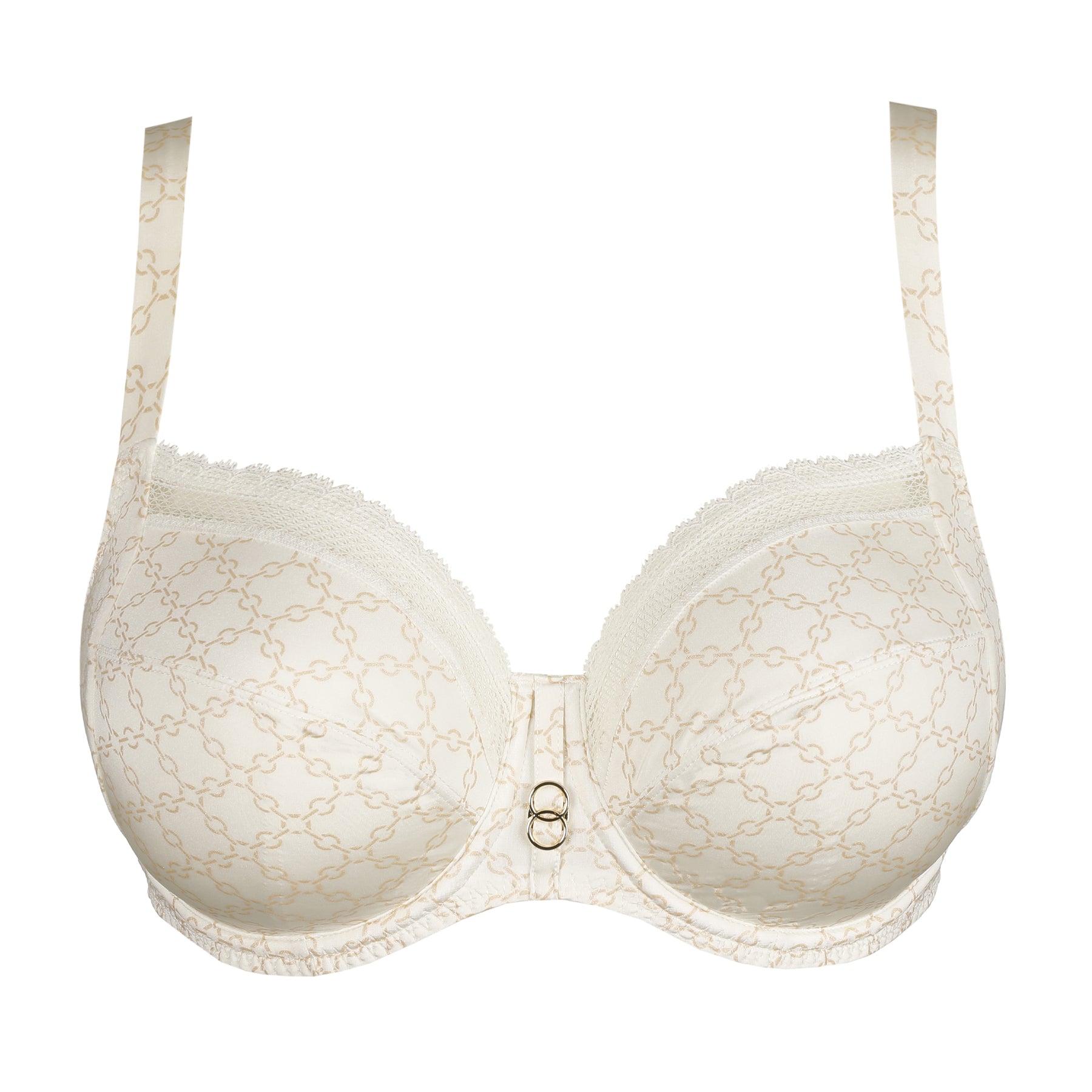 Cream full cup underwire bra with subtle chain print and lace trim detail