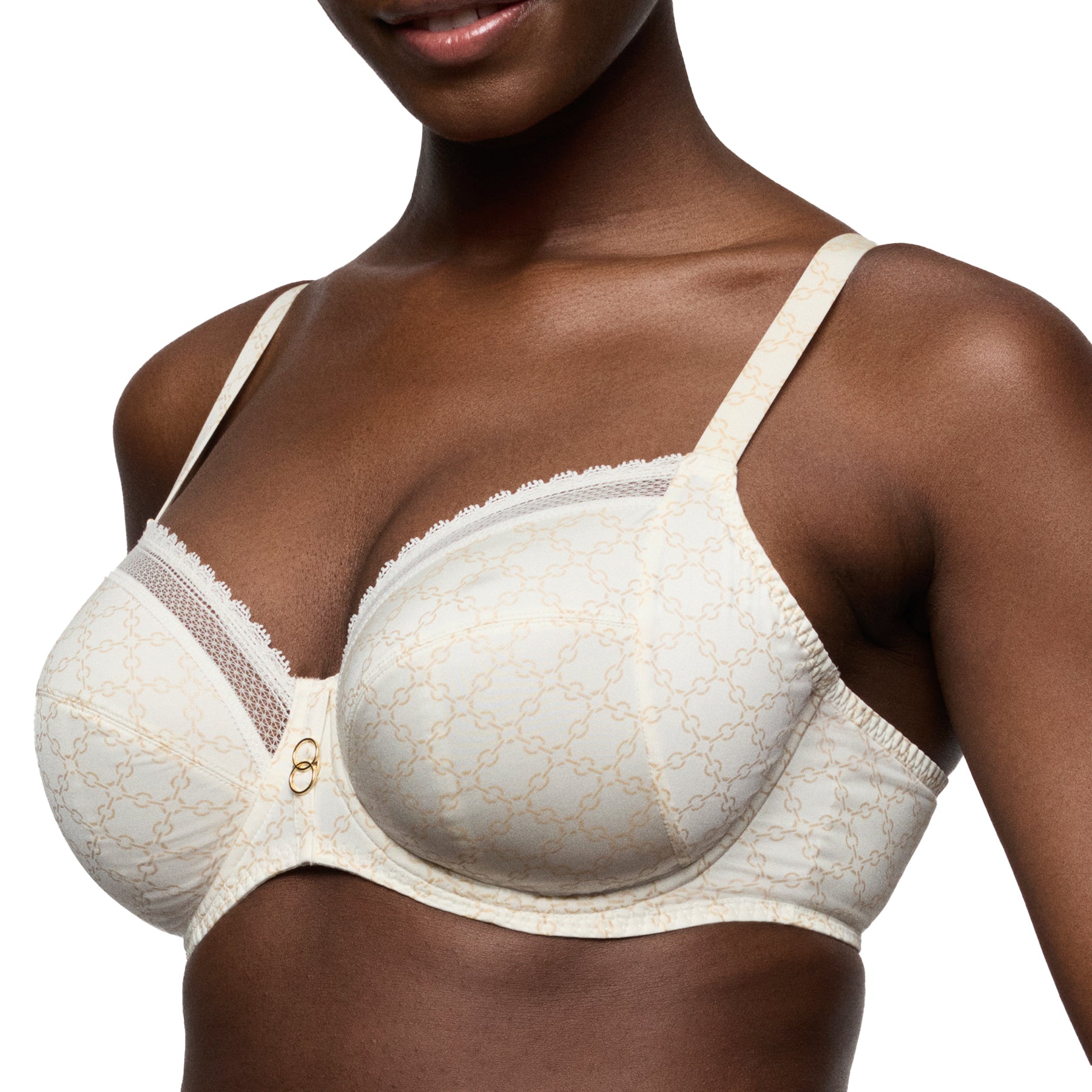 Cream underwire bra angled view showing structured cups and smooth fit