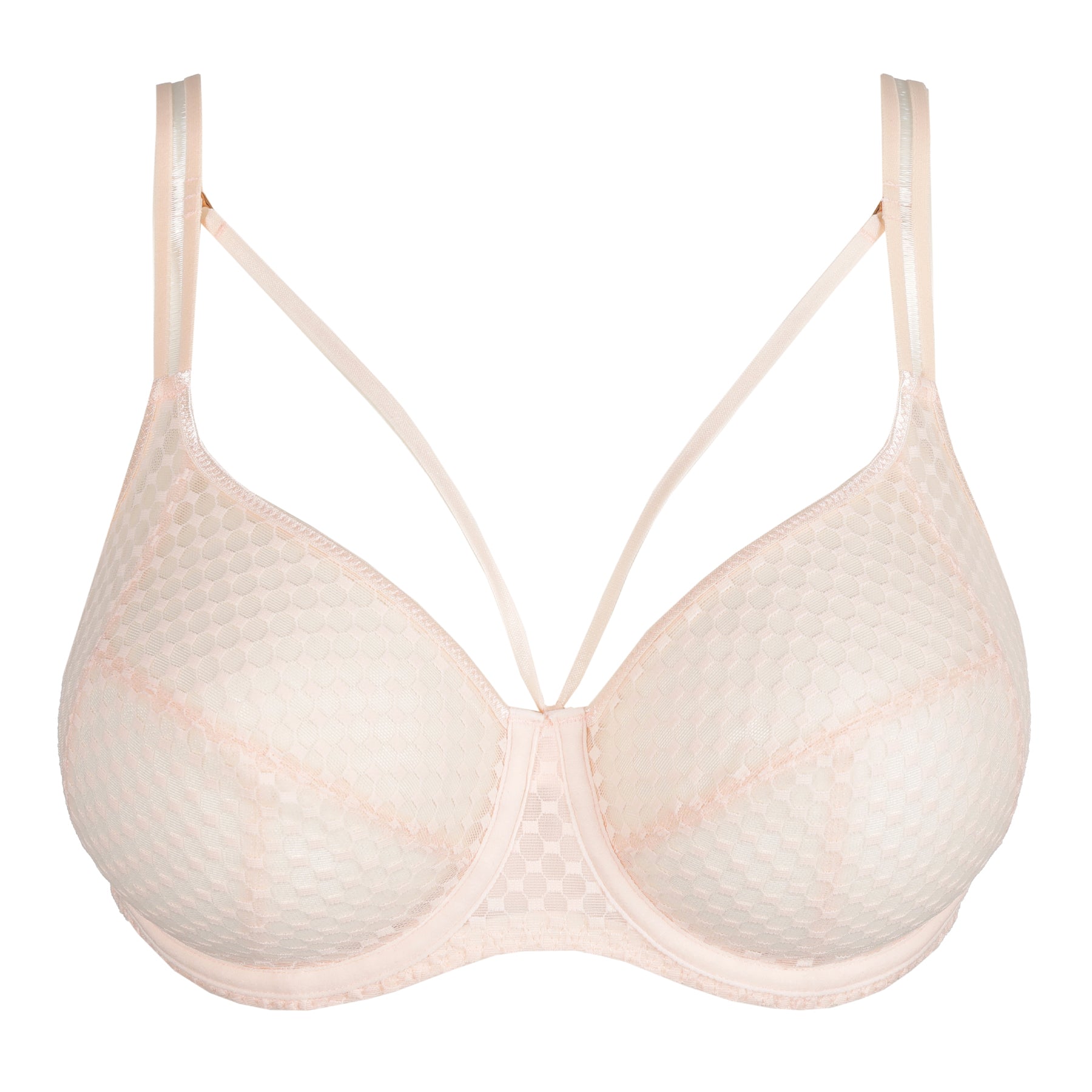 Product shot of a full-cup beige bra featuring a sheer polka dot pattern and decorative front straps.