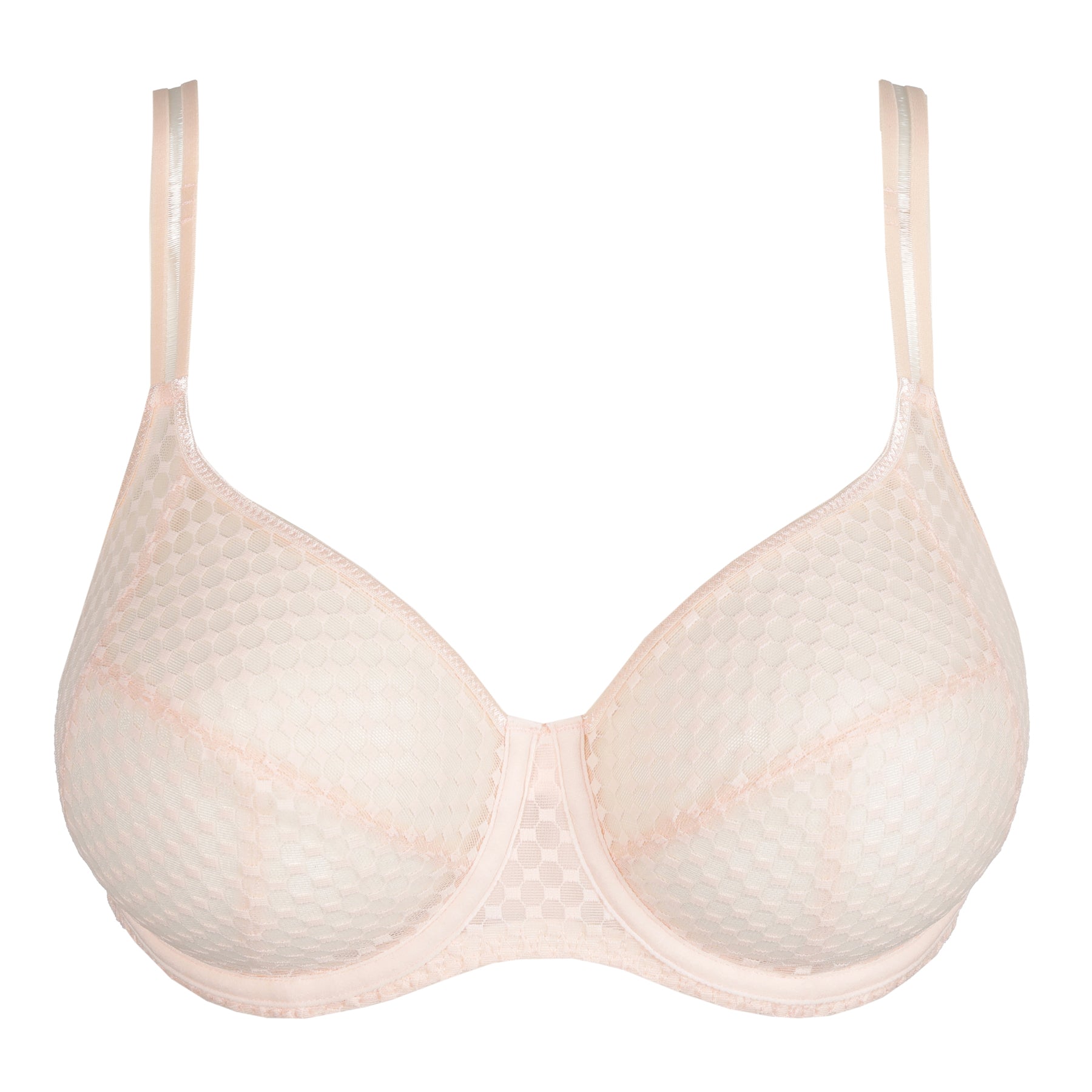 Product shot of a full-cup beige bra with a sheer polka dot design and classic double straps, no front detail.