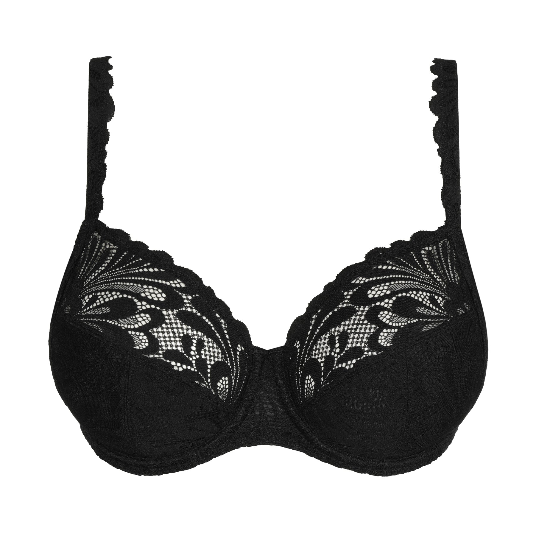 Black lace underwired bra with floral lace cups, front product view.