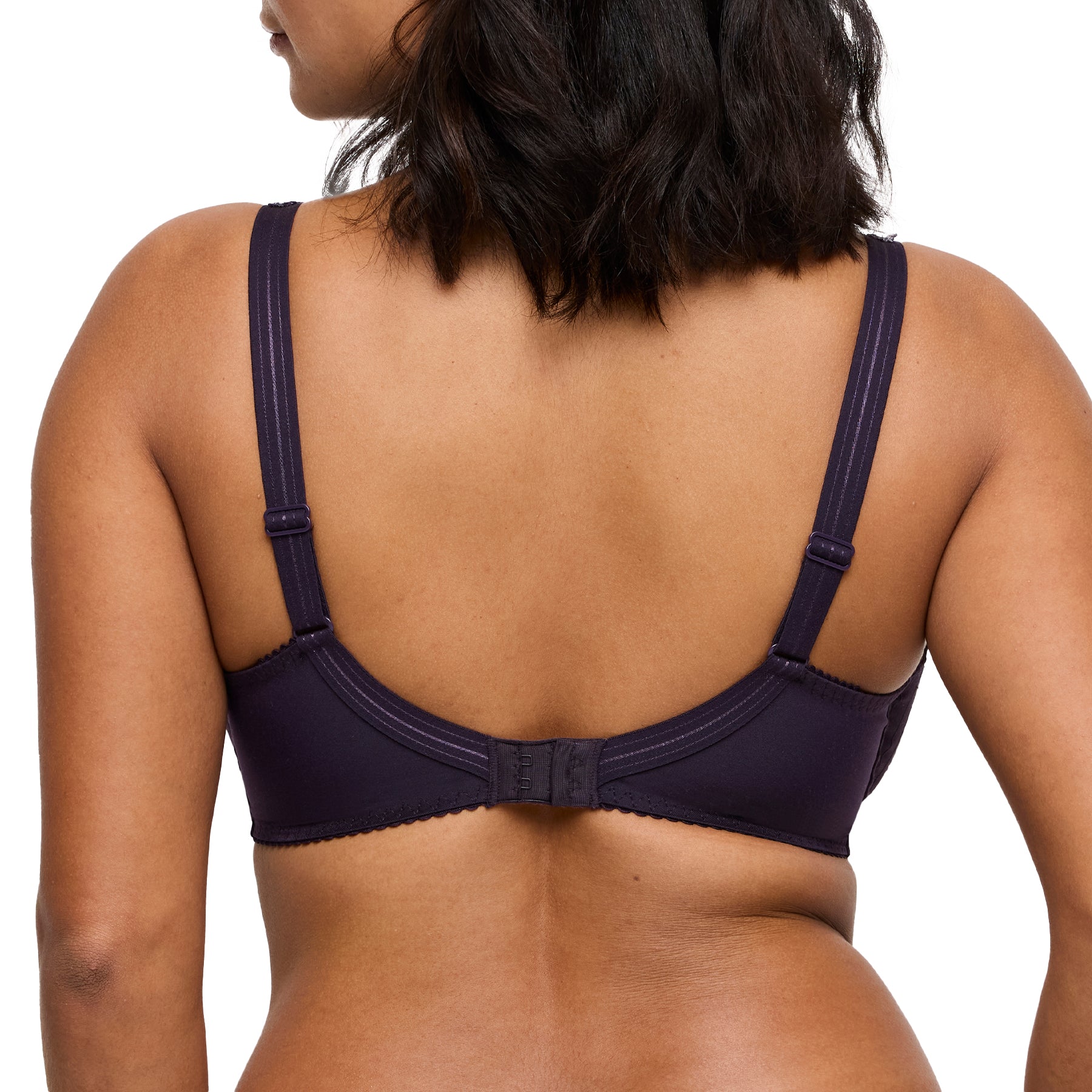 Back view of deep plum full cup bra, showing smooth band and adjustable straps.