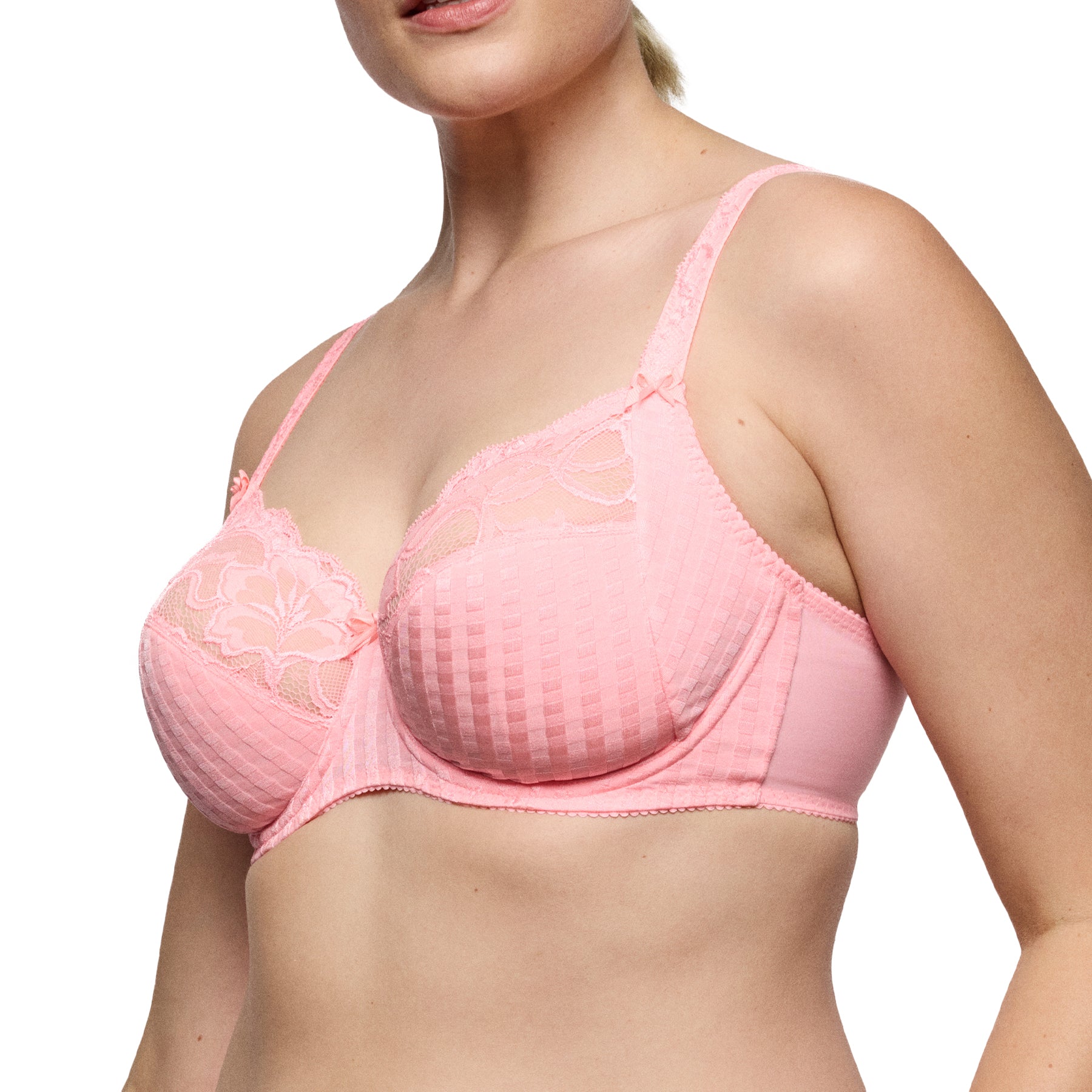 Side view of pink lace underwire bra with supportive cups and delicate lace trim