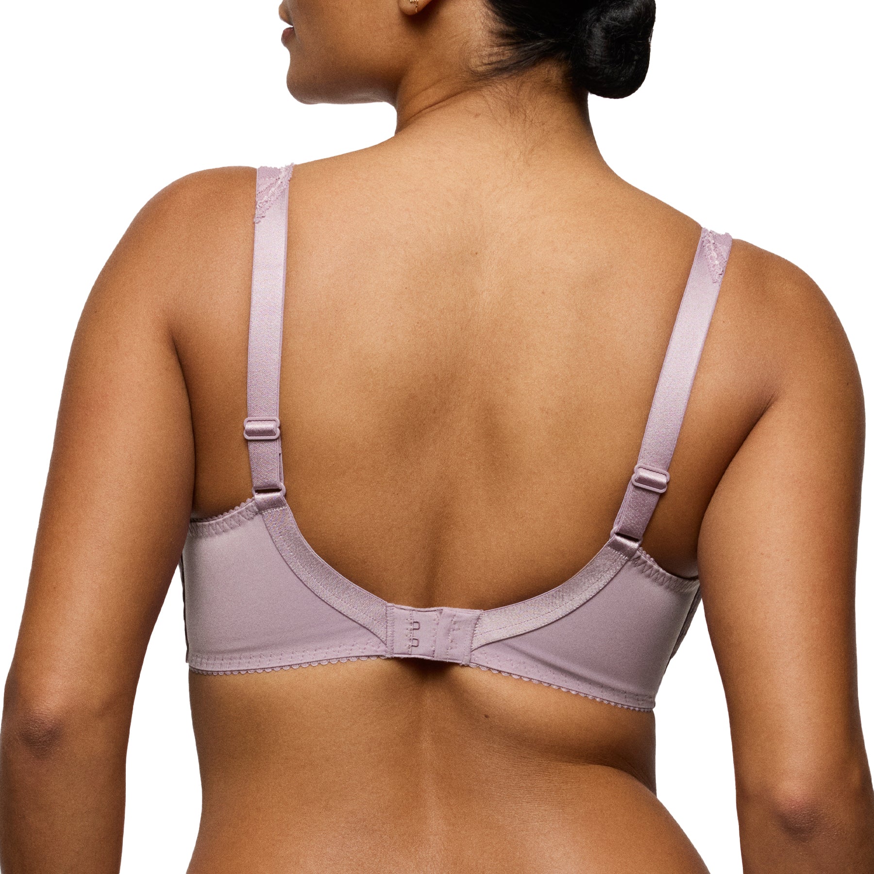 Back view of a mauve underwire bra showing smooth supportive band, adjustable straps, and secure hook-and-eye closure on a model.