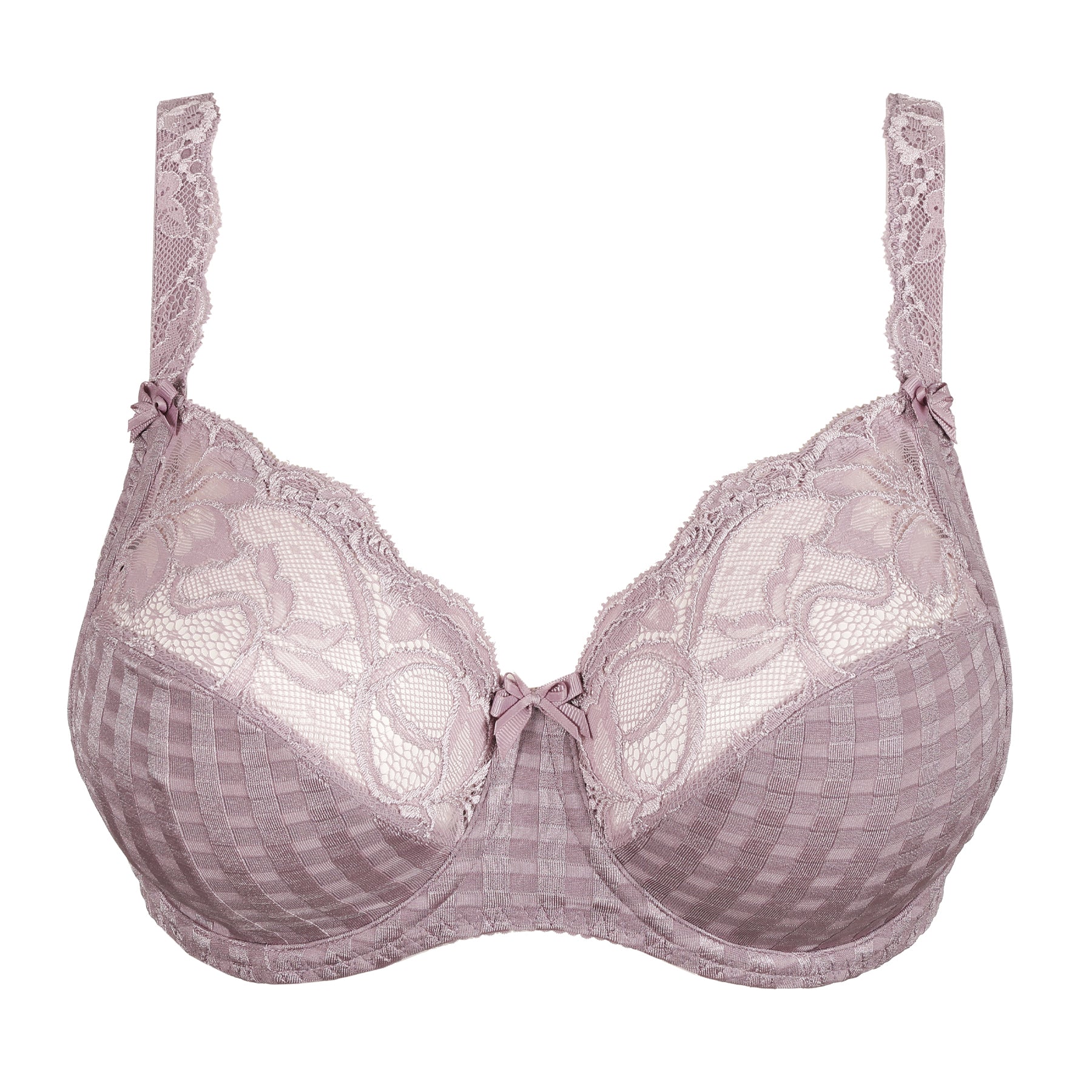 Front view of a mauve underwire bra laid flat on a white background, showcasing lace detailing, structured cups, and feminine bow accent.