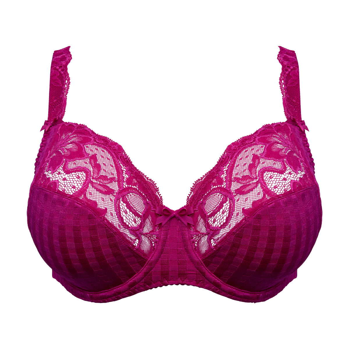 PrimaDonna Madison bra in Wild Rose featuring checkered fabric, sheer floral lace upper cups, underwire support and decorative bows.