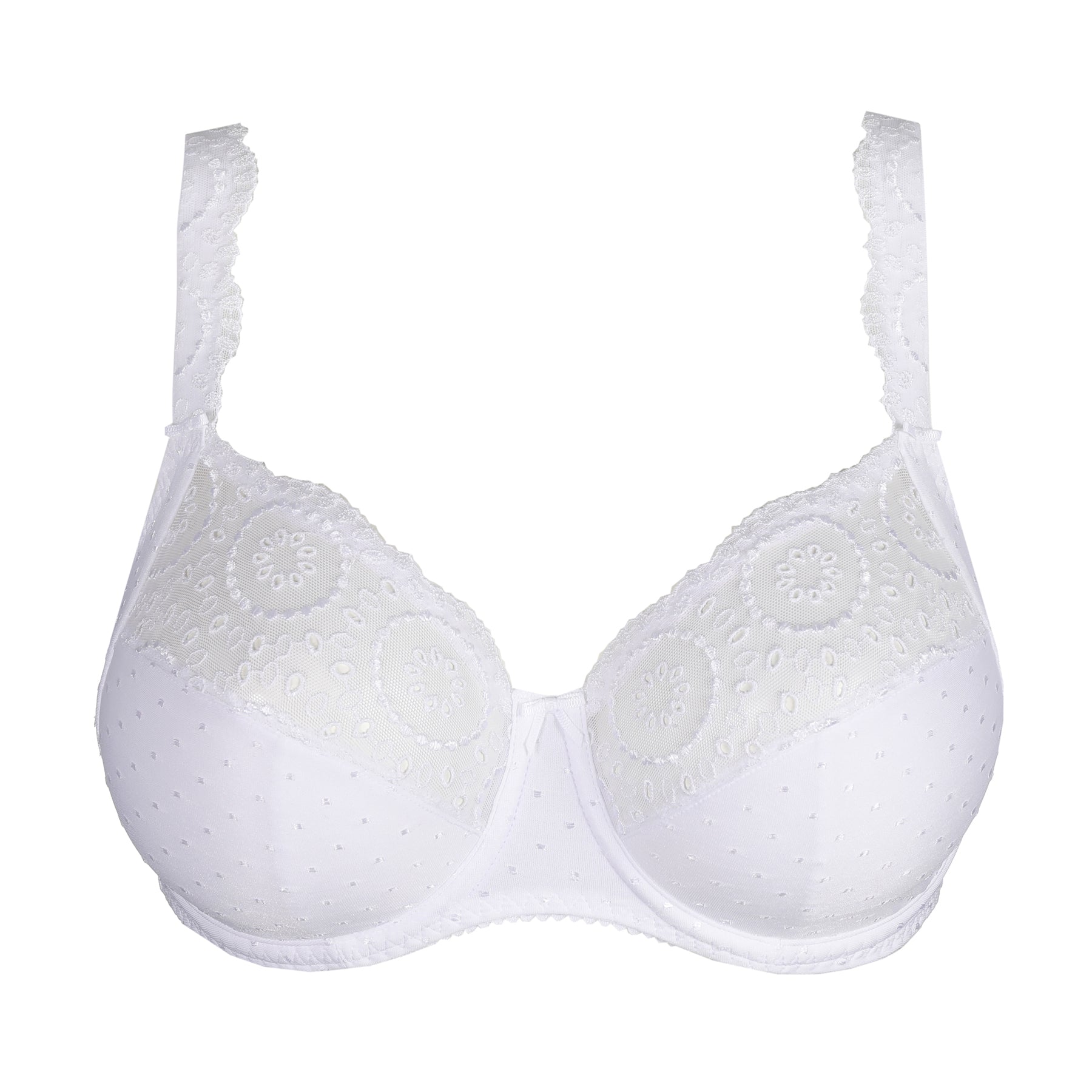 White full cup bra style 016-3310 with floral lace upper cups and subtle dotted fabric detail.