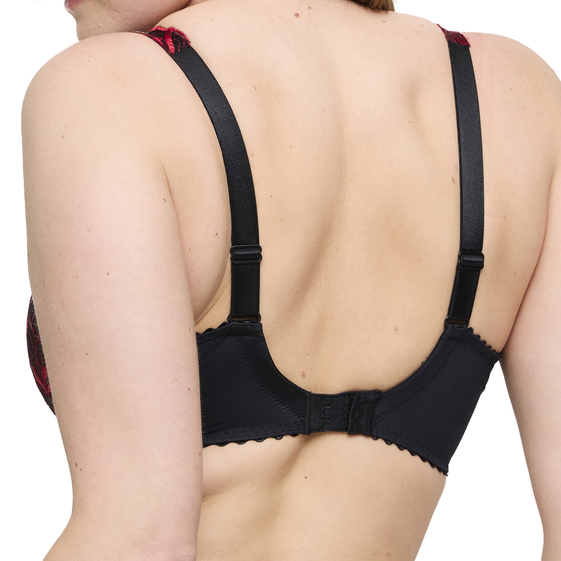 Back view of black full-cup bra with adjustable straps and hook-and-eye closure for a secure fit.